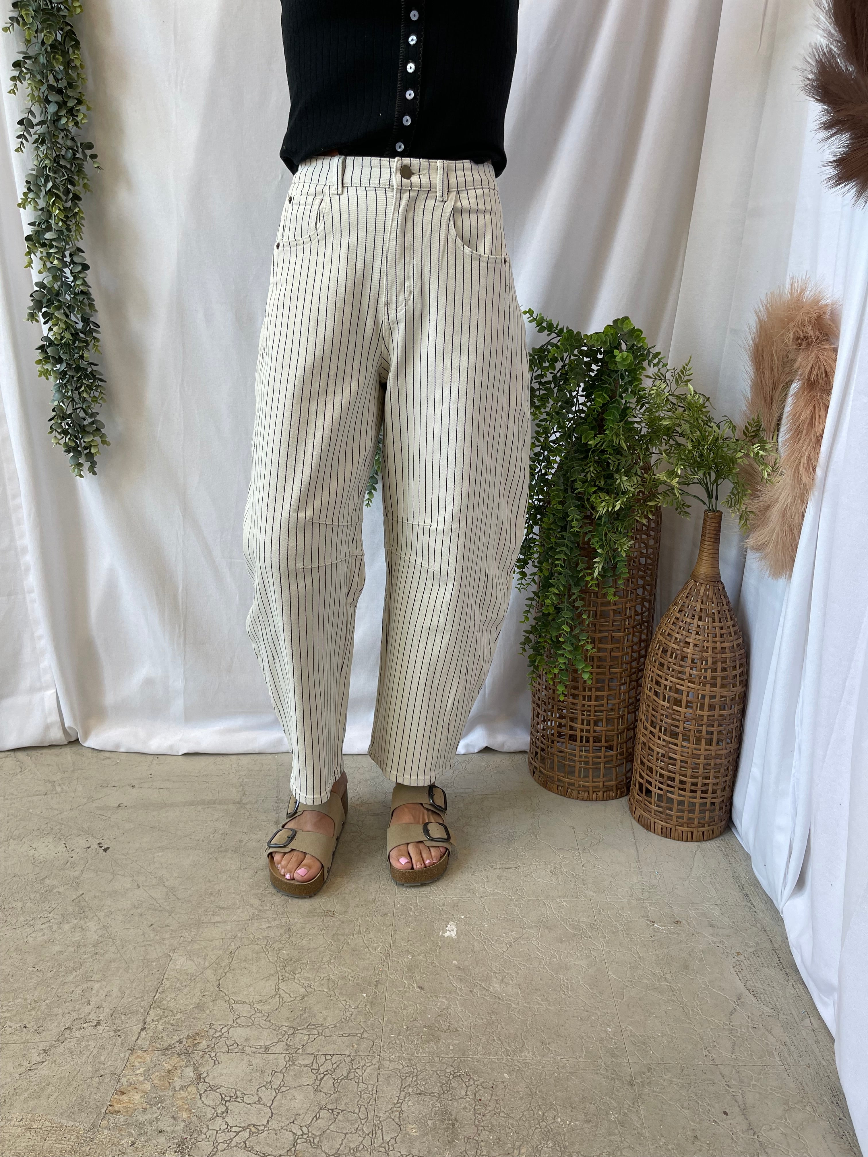 Pinstriped Pattern Barrel Pants-Jeans-miou muse-The Silo Boutique, Women's Fashion Boutique Located in Warren and Grand Forks North Dakota