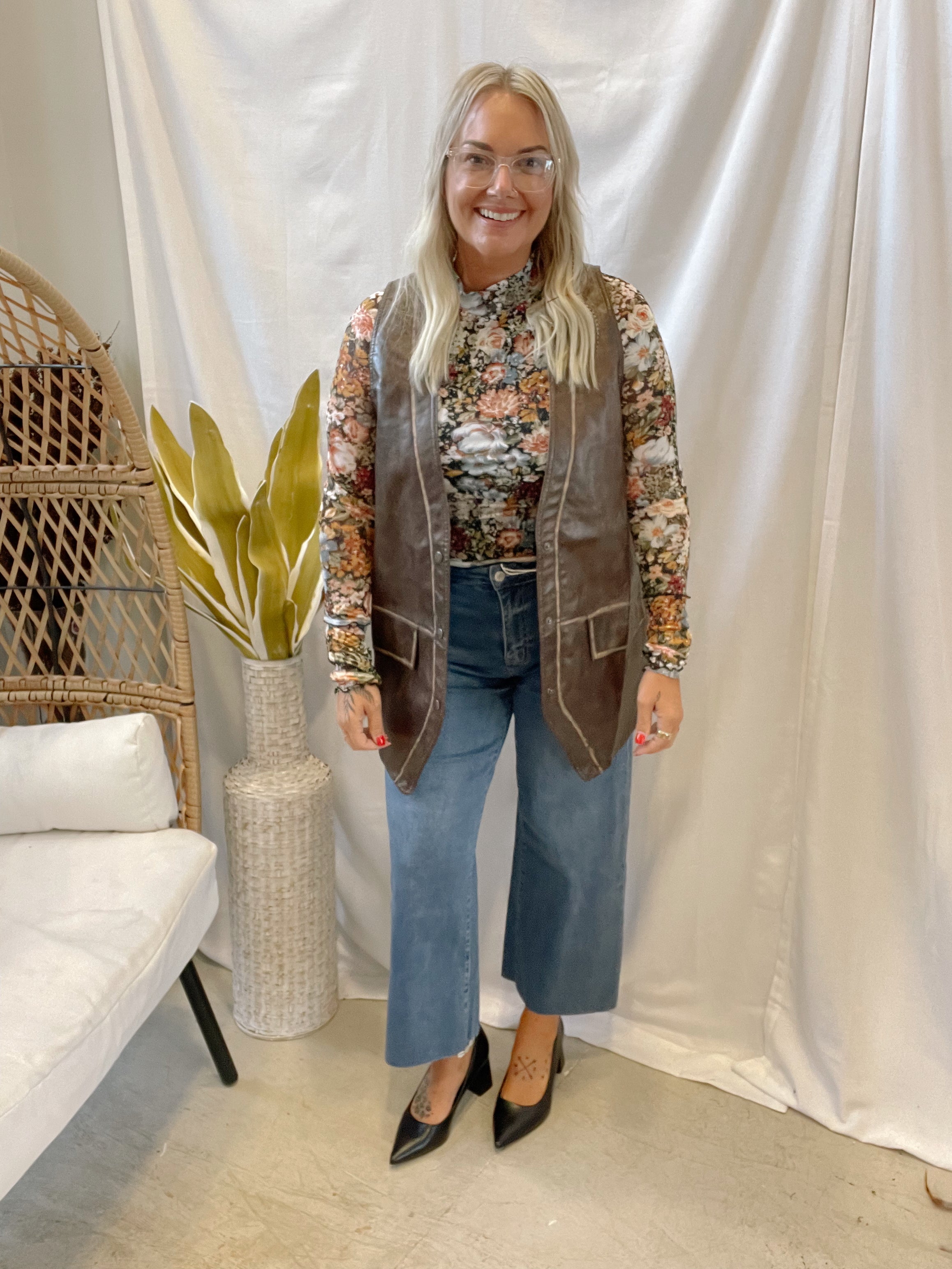 Leather Long Snap Vest-Espresso-Vests-promesa-The Silo Boutique, Women's Fashion Boutique Located in Warren and Grand Forks North Dakota