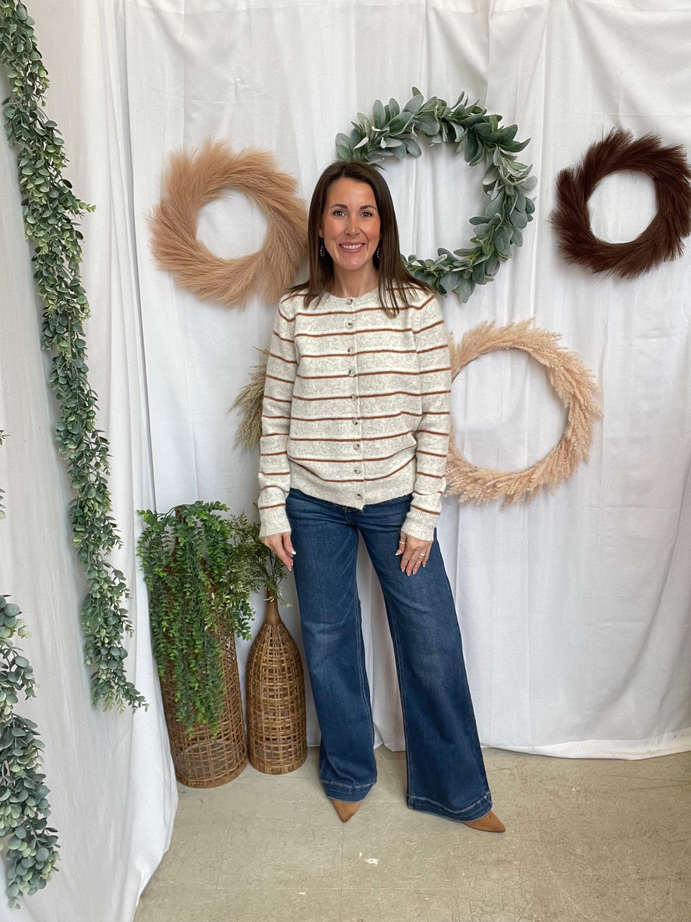 Double Striped Cardigan-Oatmeal-Long Sleeve Tops-staccato-The Silo Boutique, Women's Fashion Boutique Located in Warren and Grand Forks North Dakota