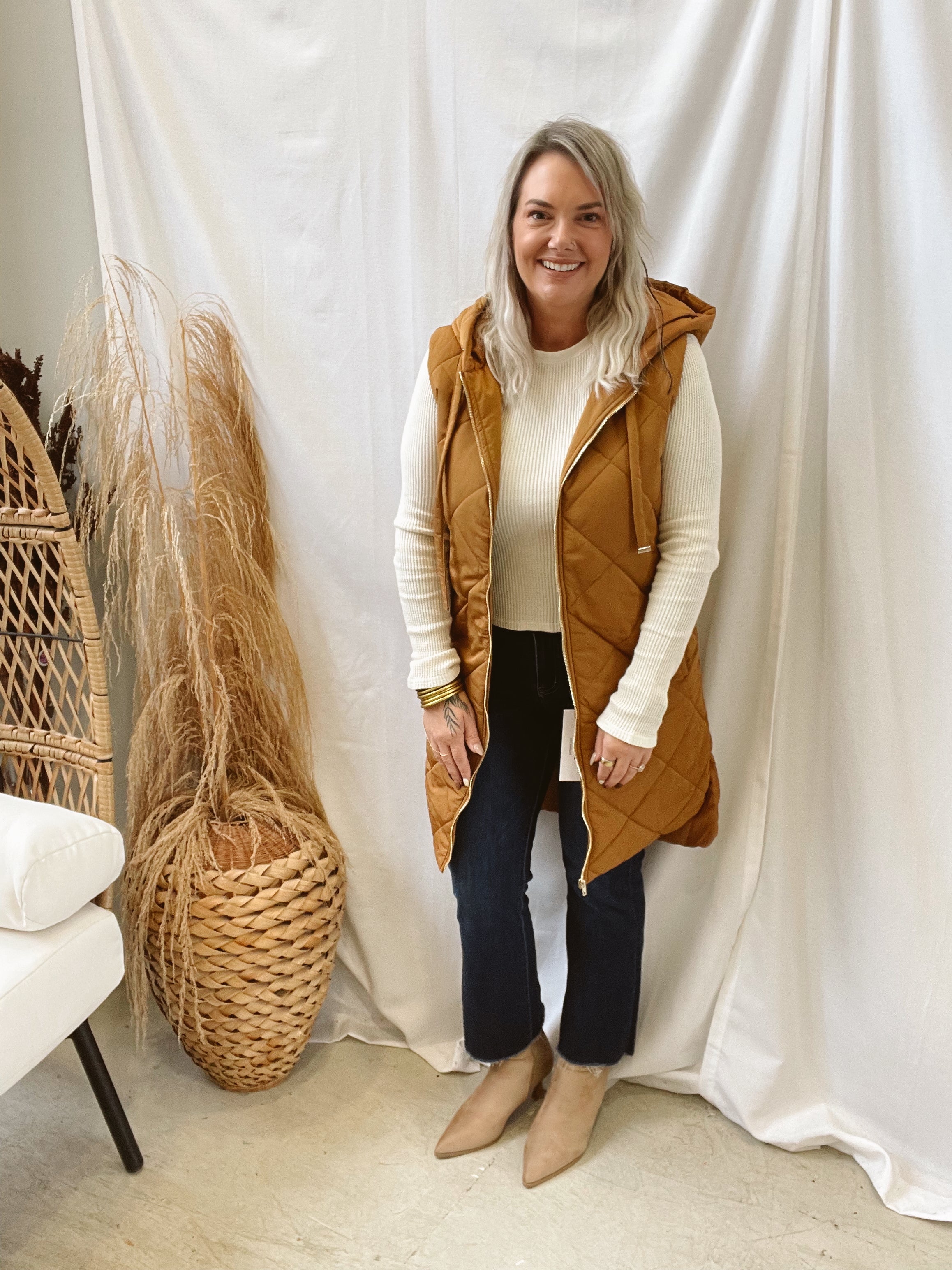 Mystree Hooded Long Vest-Spicy Latte-Vests-mystree-The Silo Boutique, Women's Fashion Boutique Located in Warren and Grand Forks North Dakota