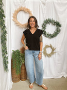 Darla Cap Sleeve V Neck Top-Black-Tank Tops-entro-The Silo Boutique, Women's Fashion Boutique Located in Warren and Grand Forks North Dakota
