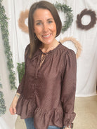Becky Ruffle Tie Top-Brown-Long Sleeve Tops-staccato-The Silo Boutique, Women's Fashion Boutique Located in Warren and Grand Forks North Dakota