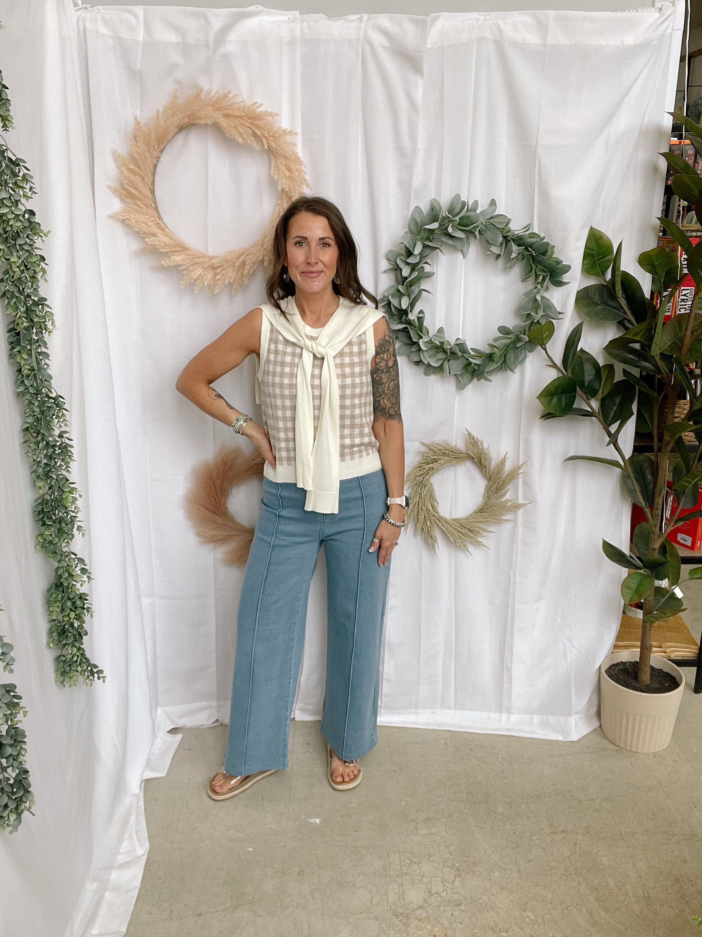 Oatmeal Gingham Tank Sweater Top-Tank Tops-entro-The Silo Boutique, Women's Fashion Boutique Located in Warren and Grand Forks North Dakota