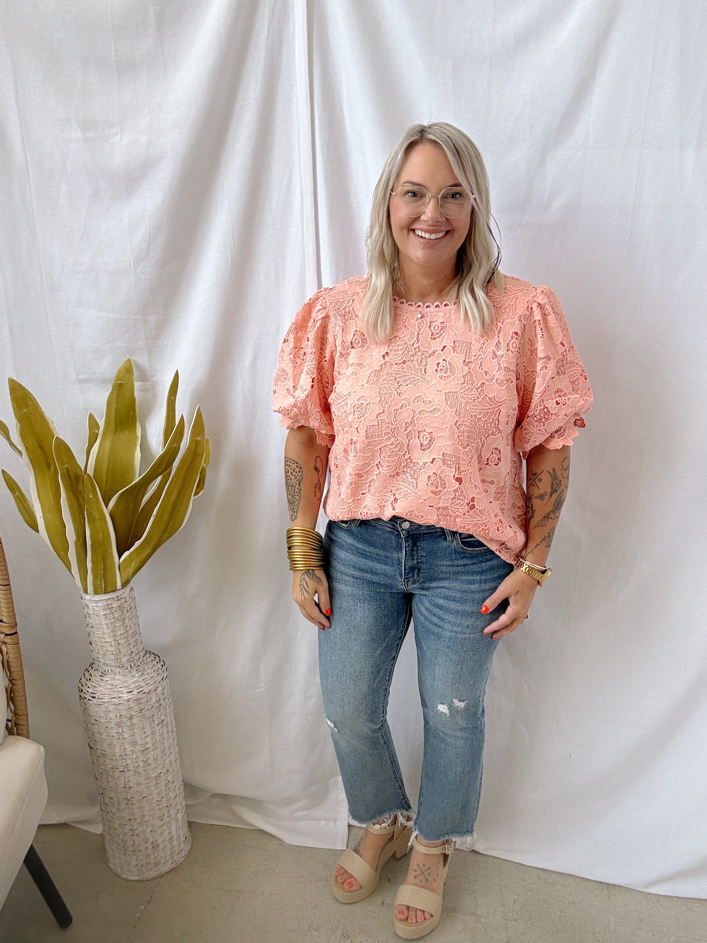 Loving the Lace Look Top-Peach-Final Sale-Short Sleeve Tops-Umgee-The Silo Boutique, Women's Fashion Boutique Located in Warren and Grand Forks North Dakota