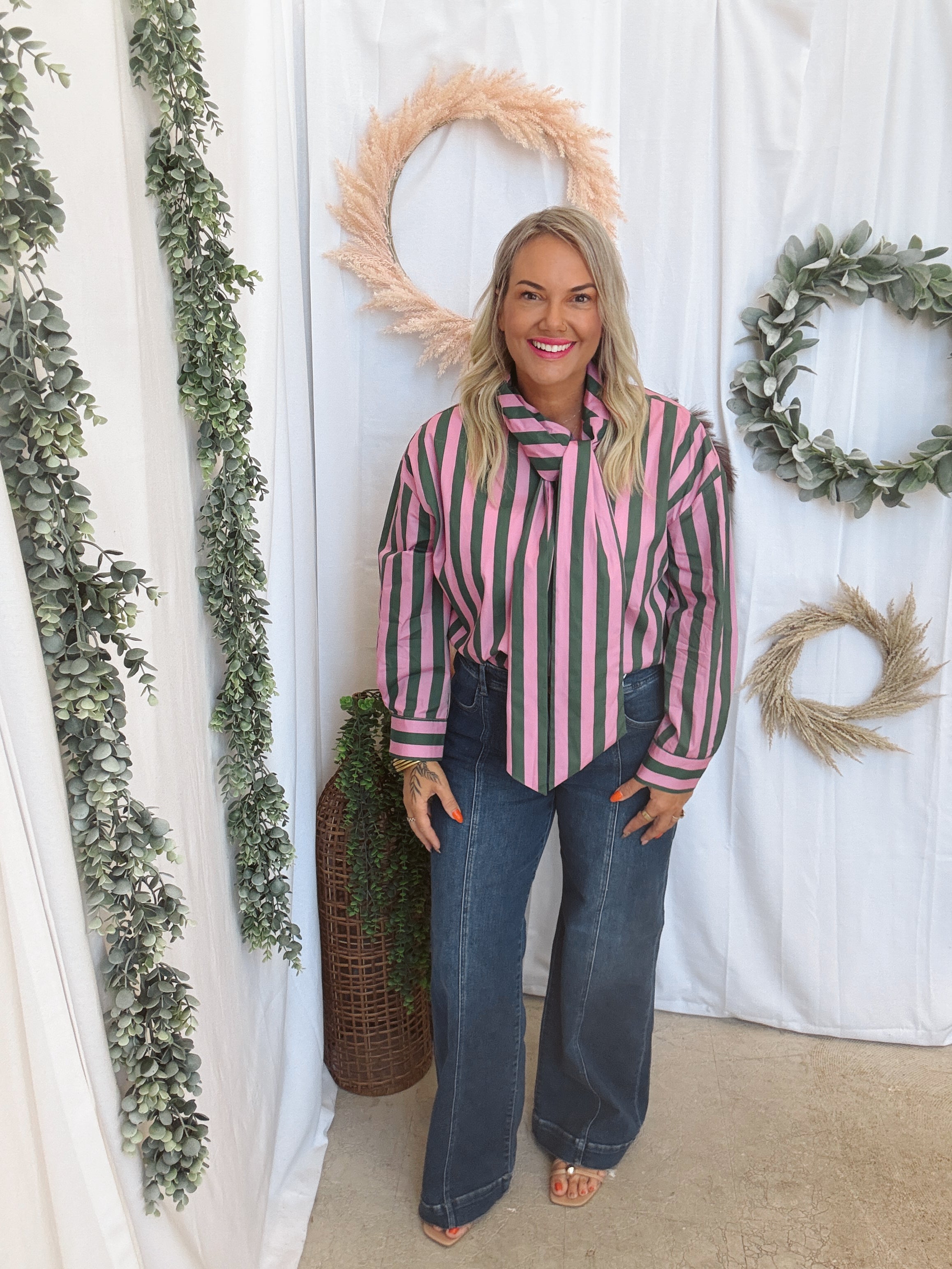 Glam Bow Neck Stripe Top-Long Sleeve Tops-glam-The Silo Boutique, Women's Fashion Boutique Located in Warren and Grand Forks North Dakota