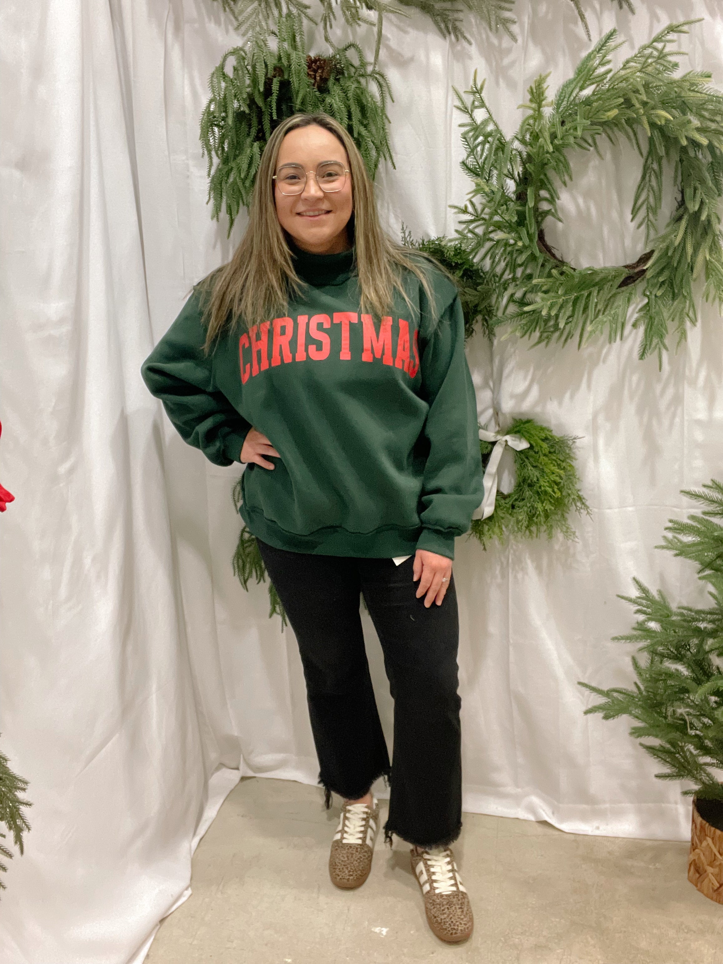 Green Merry & Christmas Sweatshirt-Final Sale-Sweatshirts-bucketlist-The Silo Boutique, Women's Fashion Boutique Located in Warren and Grand Forks North Dakota