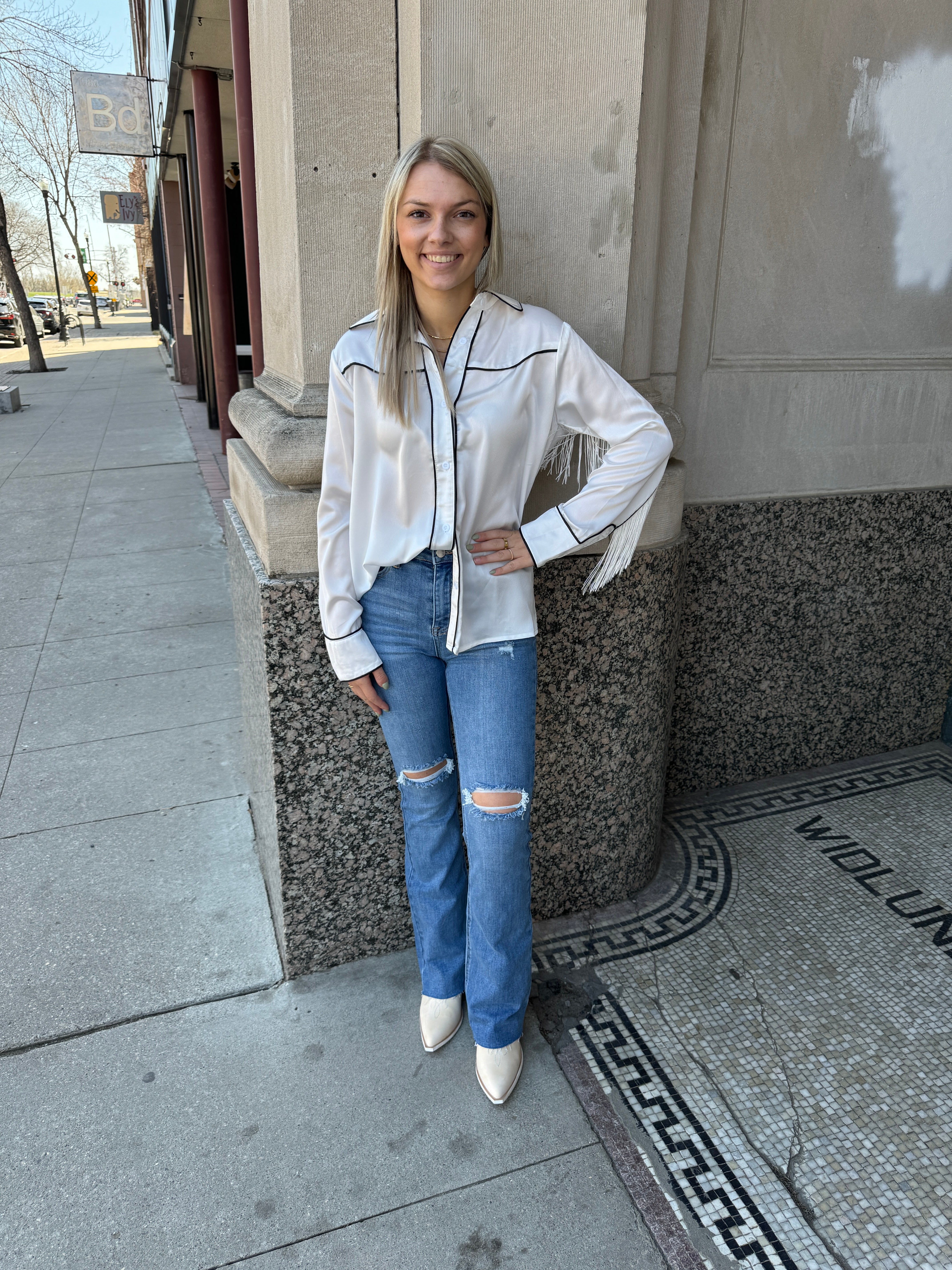 Risen Medium Wash Destructed Flare Jeans-Jeans-risen-The Silo Boutique, Women's Fashion Boutique Located in Warren and Grand Forks North Dakota