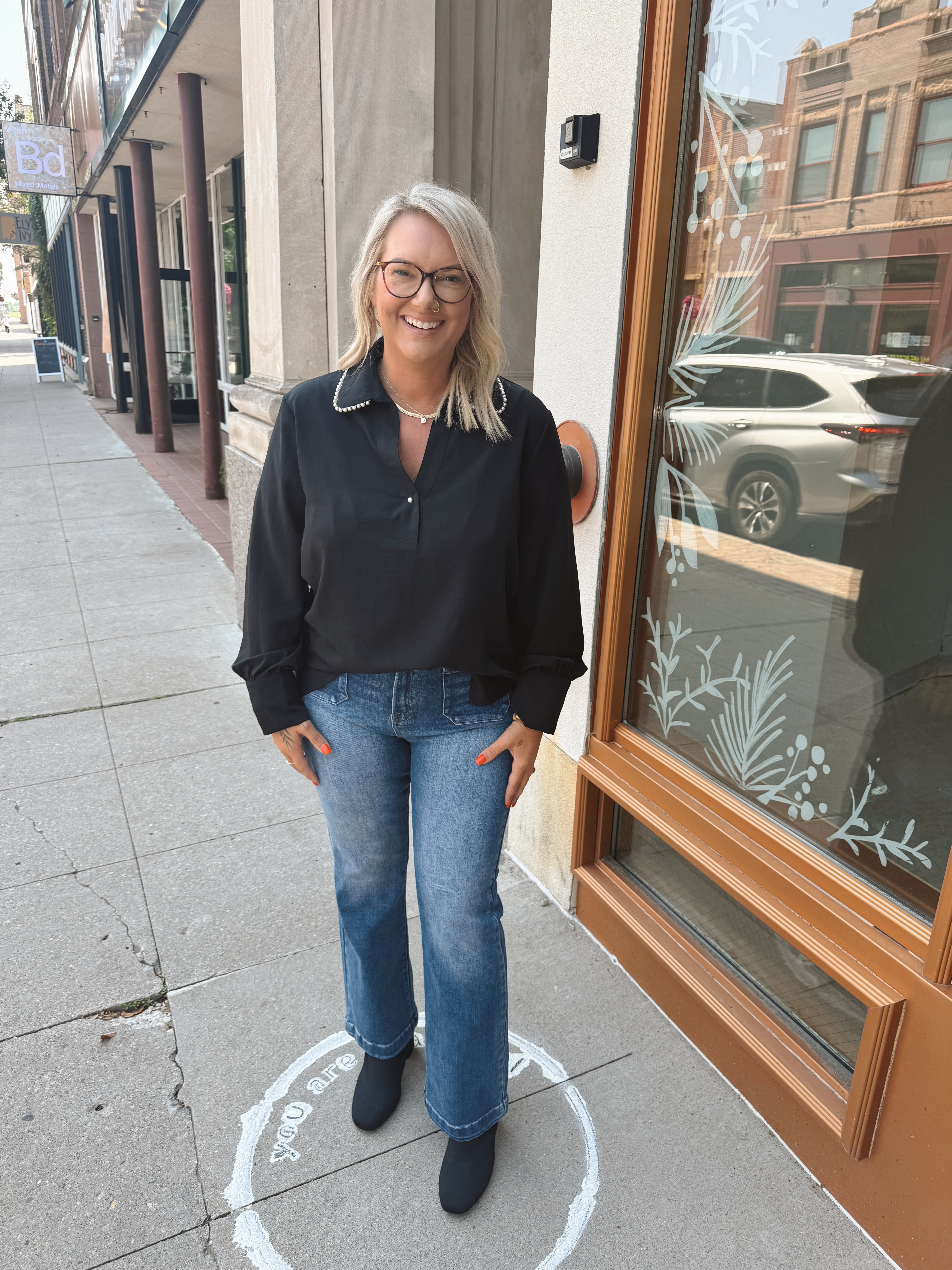 Black Elegant Pearl Embellished Top-Long Sleeve Tops-entro-The Silo Boutique, Women's Fashion Boutique Located in Warren and Grand Forks North Dakota