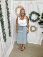Denim Snap Button Midi Skirt-Skirts-hem and thread-The Silo Boutique, Women's Fashion Boutique Located in Warren and Grand Forks North Dakota