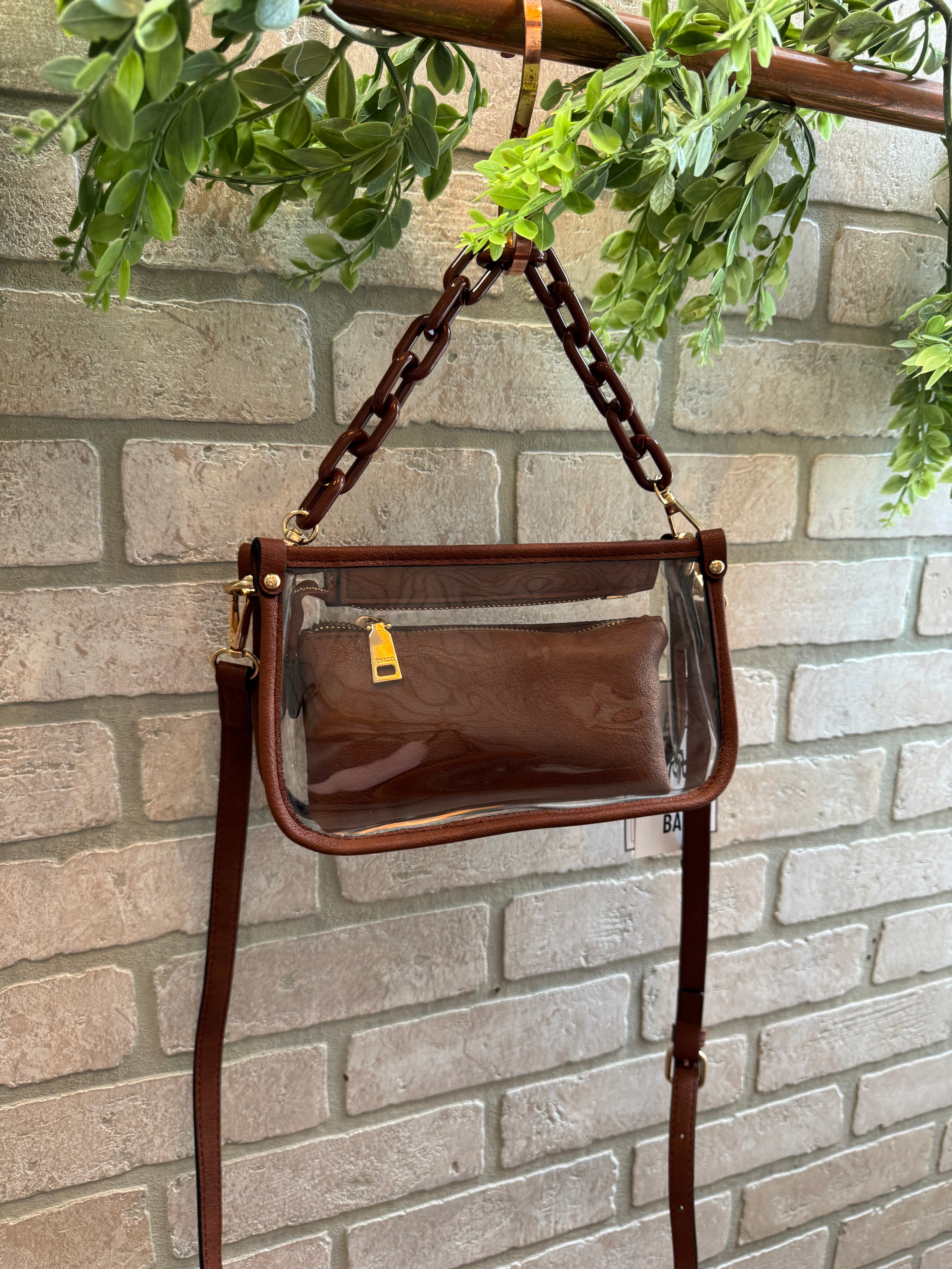 Jen and Co Jessica Clear Crossbody Purse-Brown-Crossbody Purses-Jen and Co-The Silo Boutique, Women's Fashion Boutique Located in Warren and Grand Forks North Dakota
