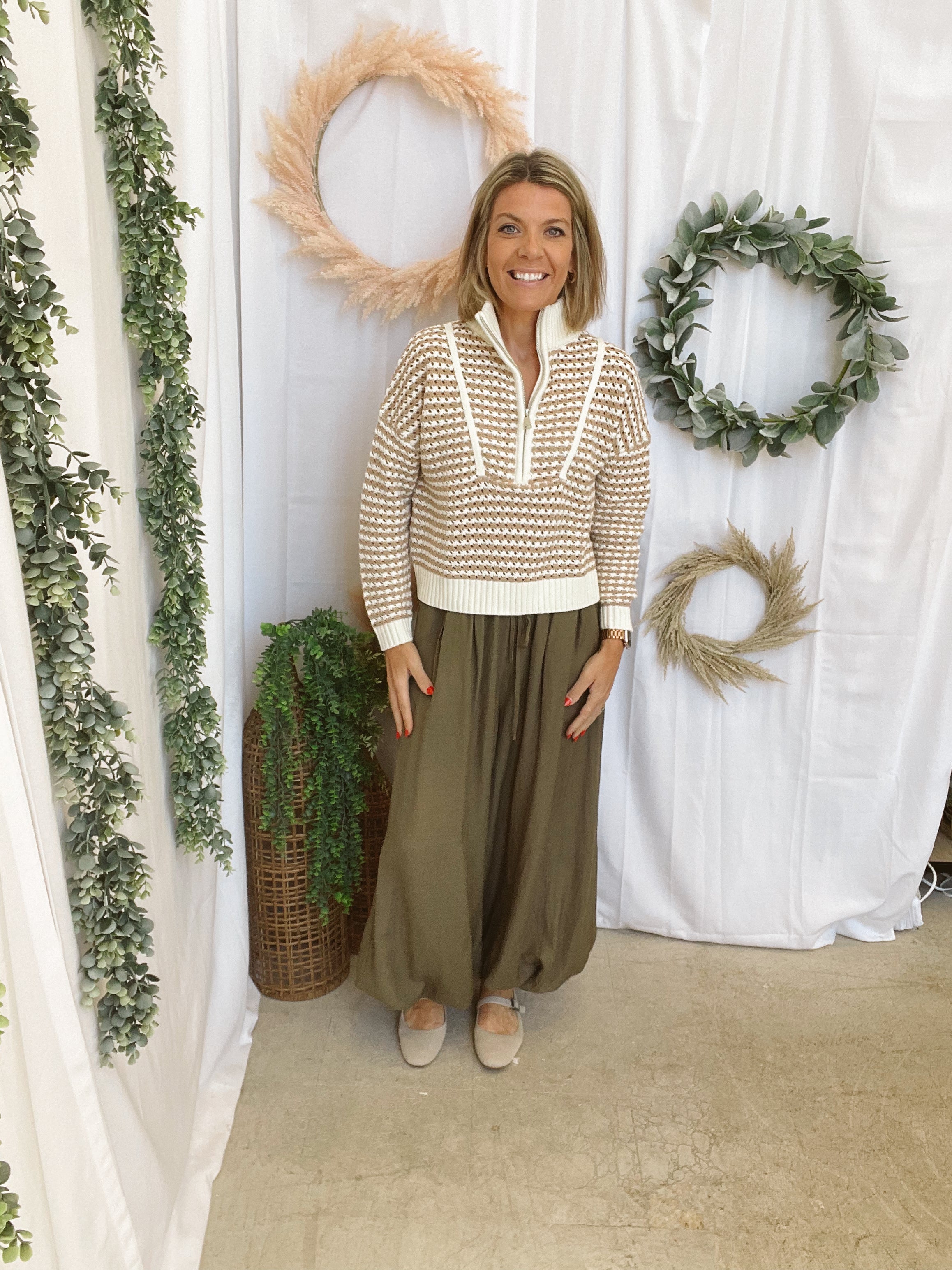 Elan Quarter Zip Stripe Sweater-Natural-Sweaters-elan-The Silo Boutique, Women's Fashion Boutique Located in Warren and Grand Forks North Dakota