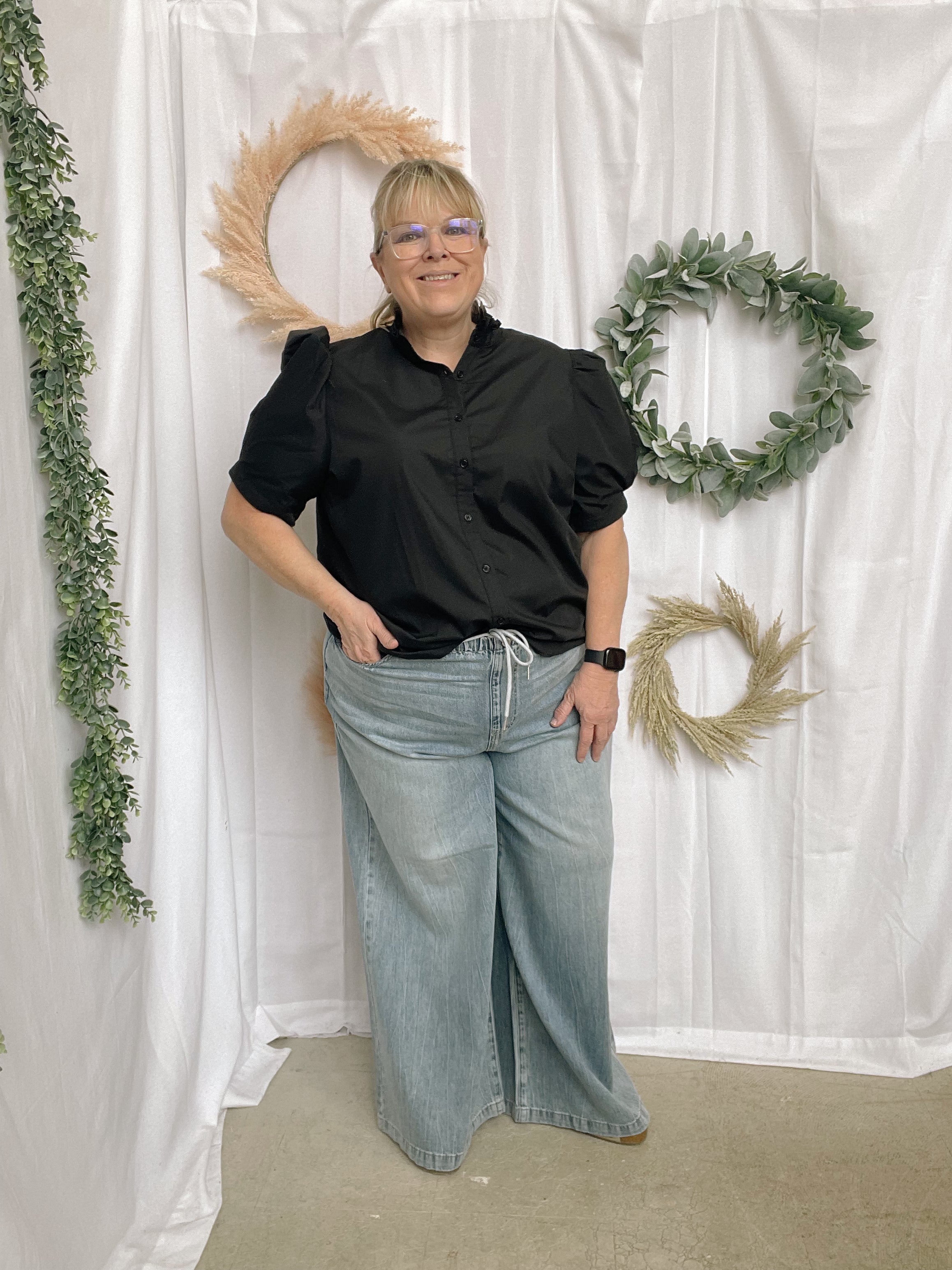 Betty Short Sleeve Button Up Top-Black-Short Sleeve Tops-ENTRO-The Silo Boutique, Women's Fashion Boutique Located in Warren and Grand Forks North Dakota