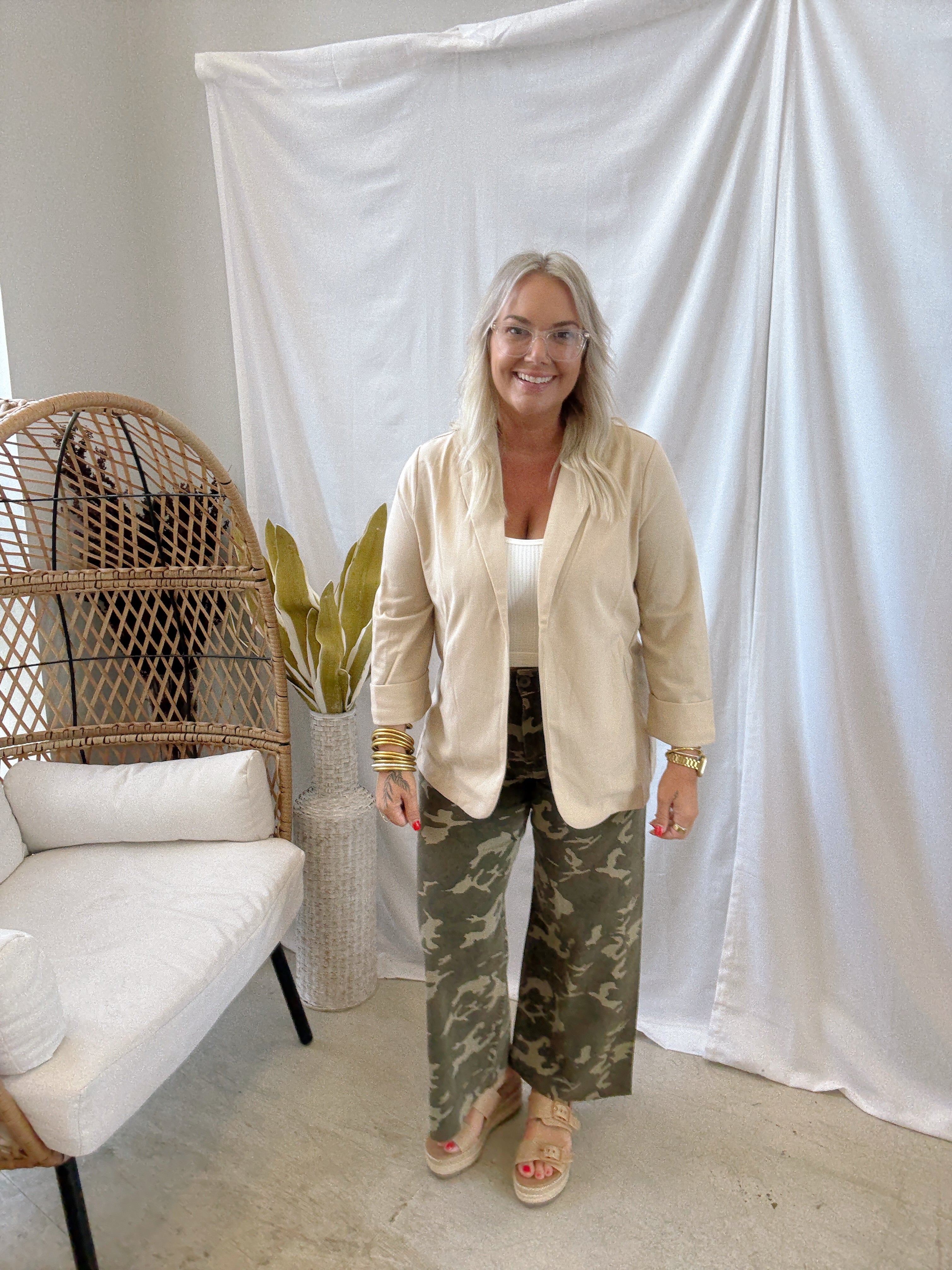 Rae Knit Blazer-Sand-Blazers-Doe and Rae-The Silo Boutique, Women's Fashion Boutique Located in Warren and Grand Forks North Dakota