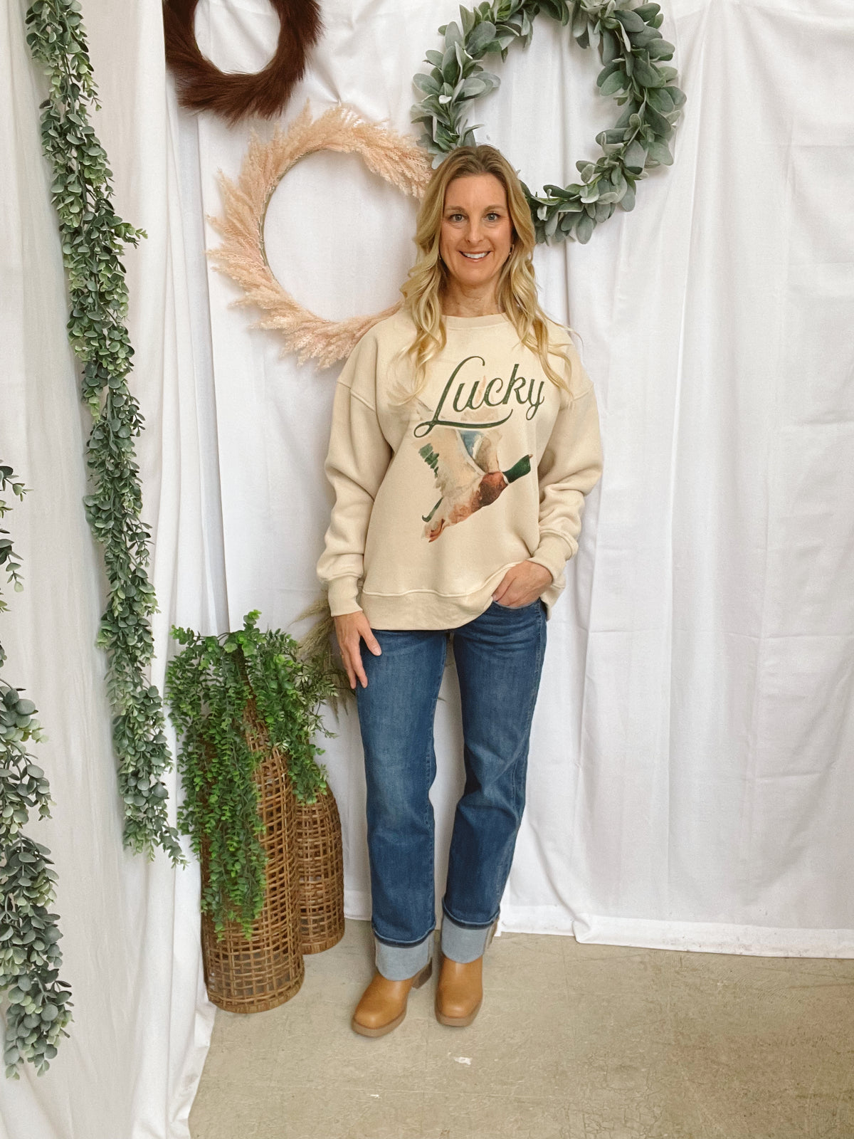 Jade Lucky Duck Sweatshirt-Beige-Sweatshirts-jade by jane-The Silo Boutique, Women's Fashion Boutique Located in Warren and Grand Forks North Dakota