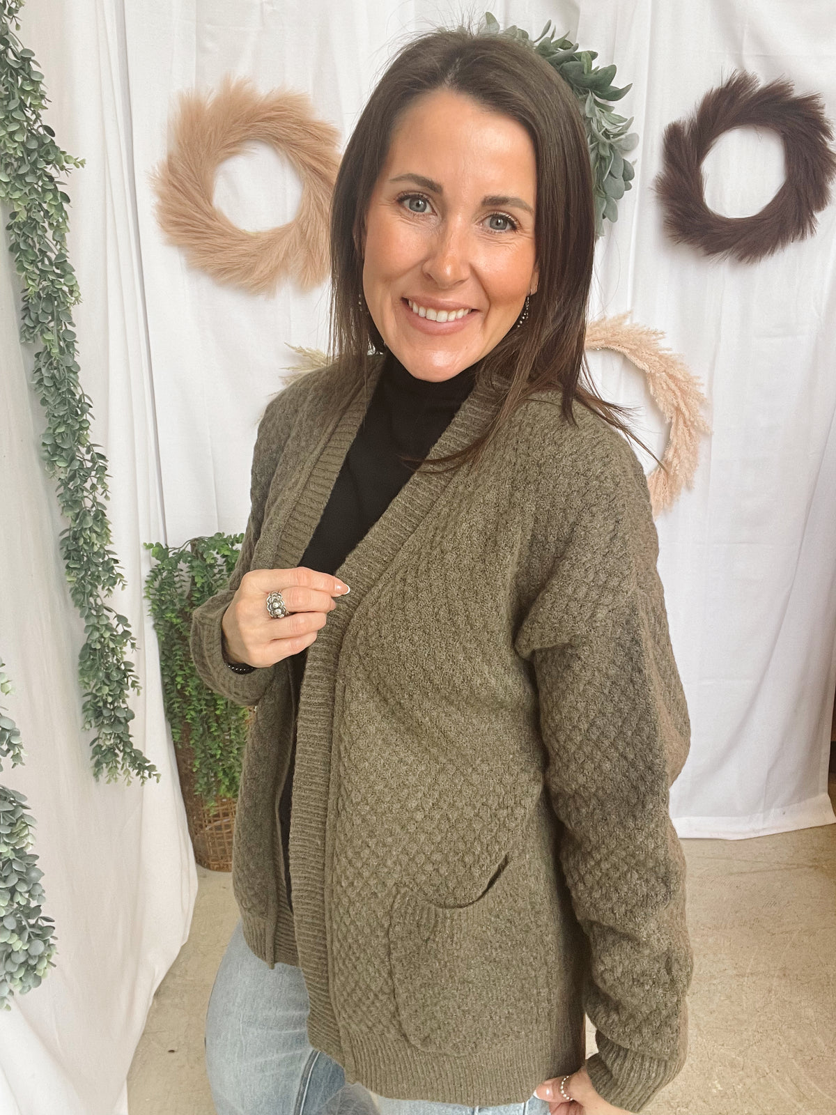 Stacy Textured Cardigan-Olive-Vests-staccato-The Silo Boutique, Women's Fashion Boutique Located in Warren and Grand Forks North Dakota