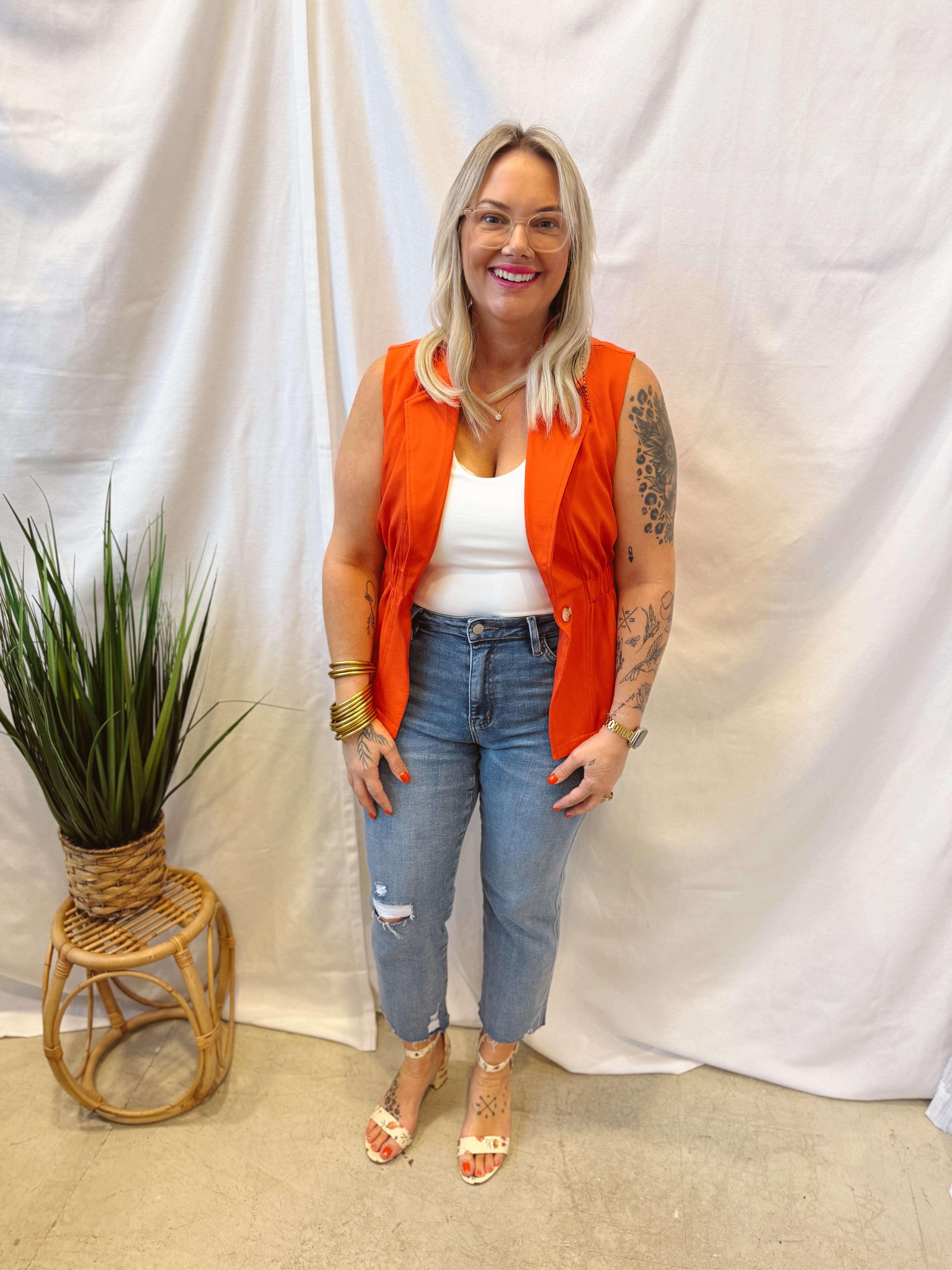 Bright Coral Notched Collar Peplum Vest-Vests-Doe and Rae-The Silo Boutique, Women's Fashion Boutique Located in Warren and Grand Forks North Dakota