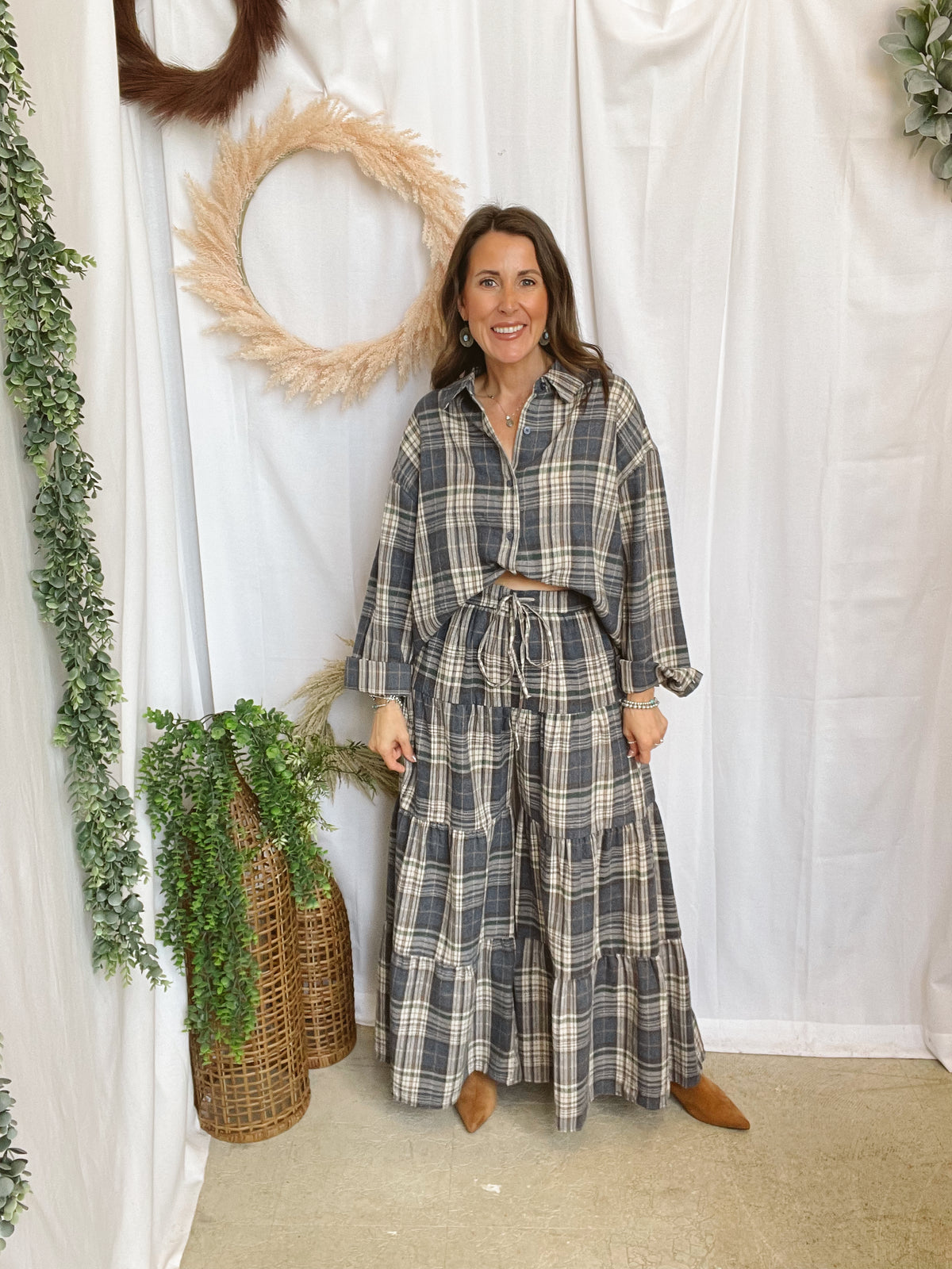 Boho Plaid Tiered Pants-Navy-Pants-hyfve-The Silo Boutique, Women's Fashion Boutique Located in Warren and Grand Forks North Dakota