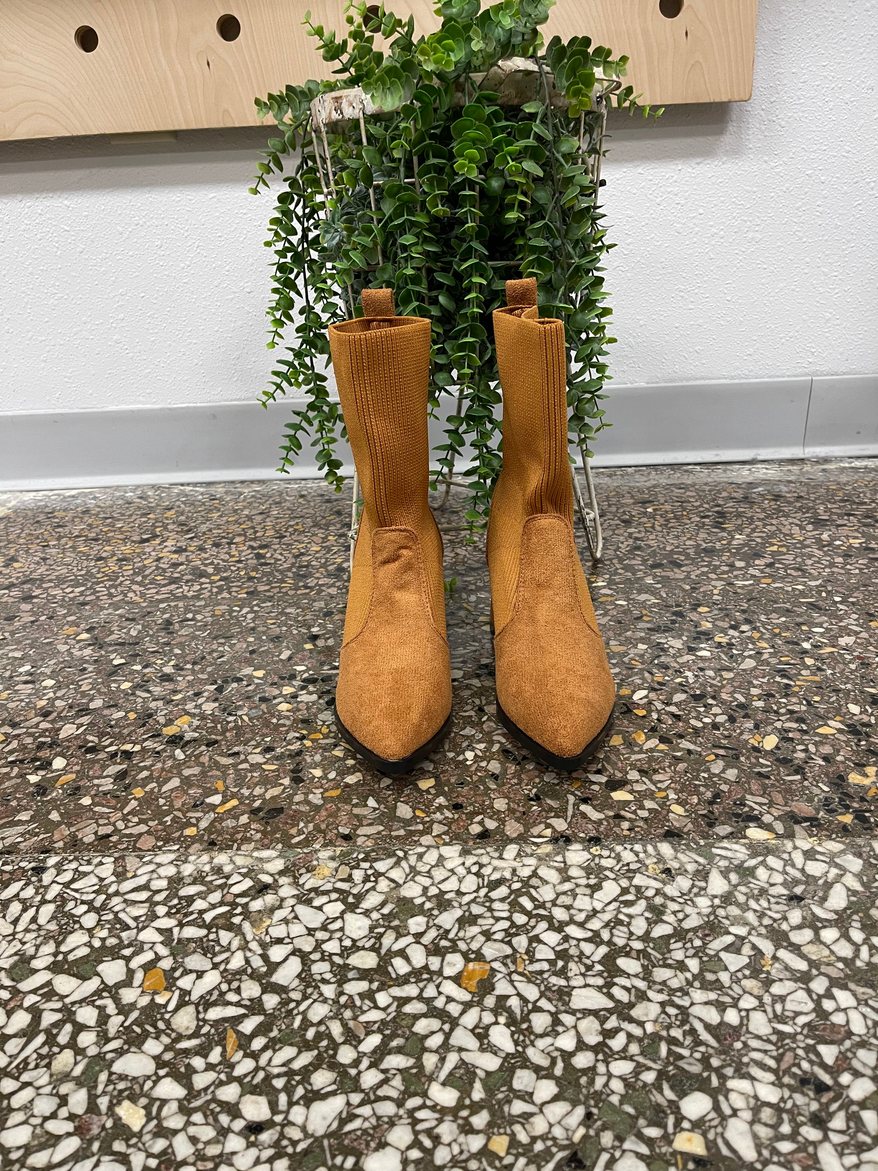 Camel Knit Chelsey Boot-Boots-lazyshoe-The Silo Boutique, Women's Fashion Boutique Located in Warren and Grand Forks North Dakota