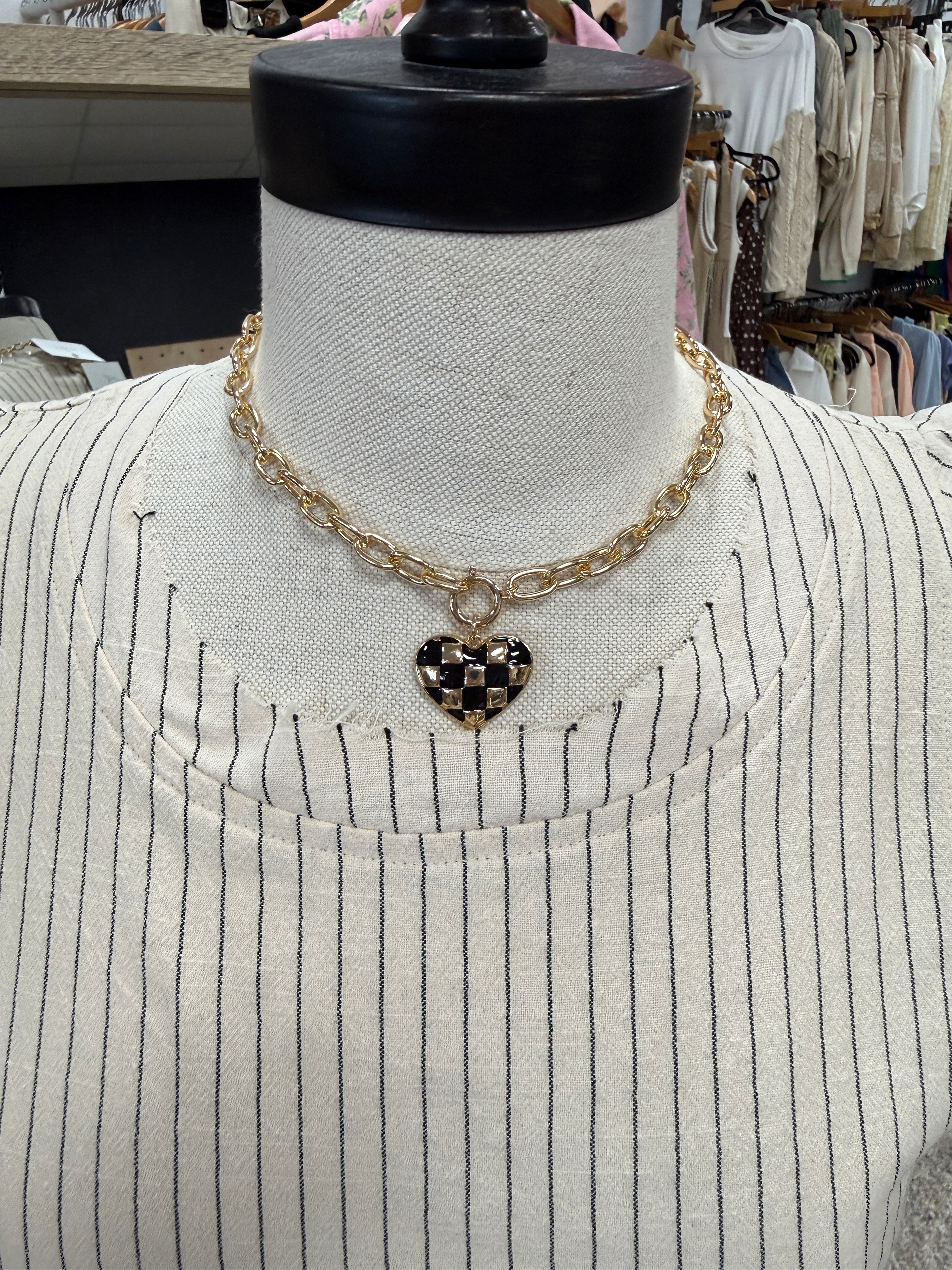 Joss Checkered Heart Necklace-Necklaces-joss-The Silo Boutique, Women's Fashion Boutique Located in Warren and Grand Forks North Dakota