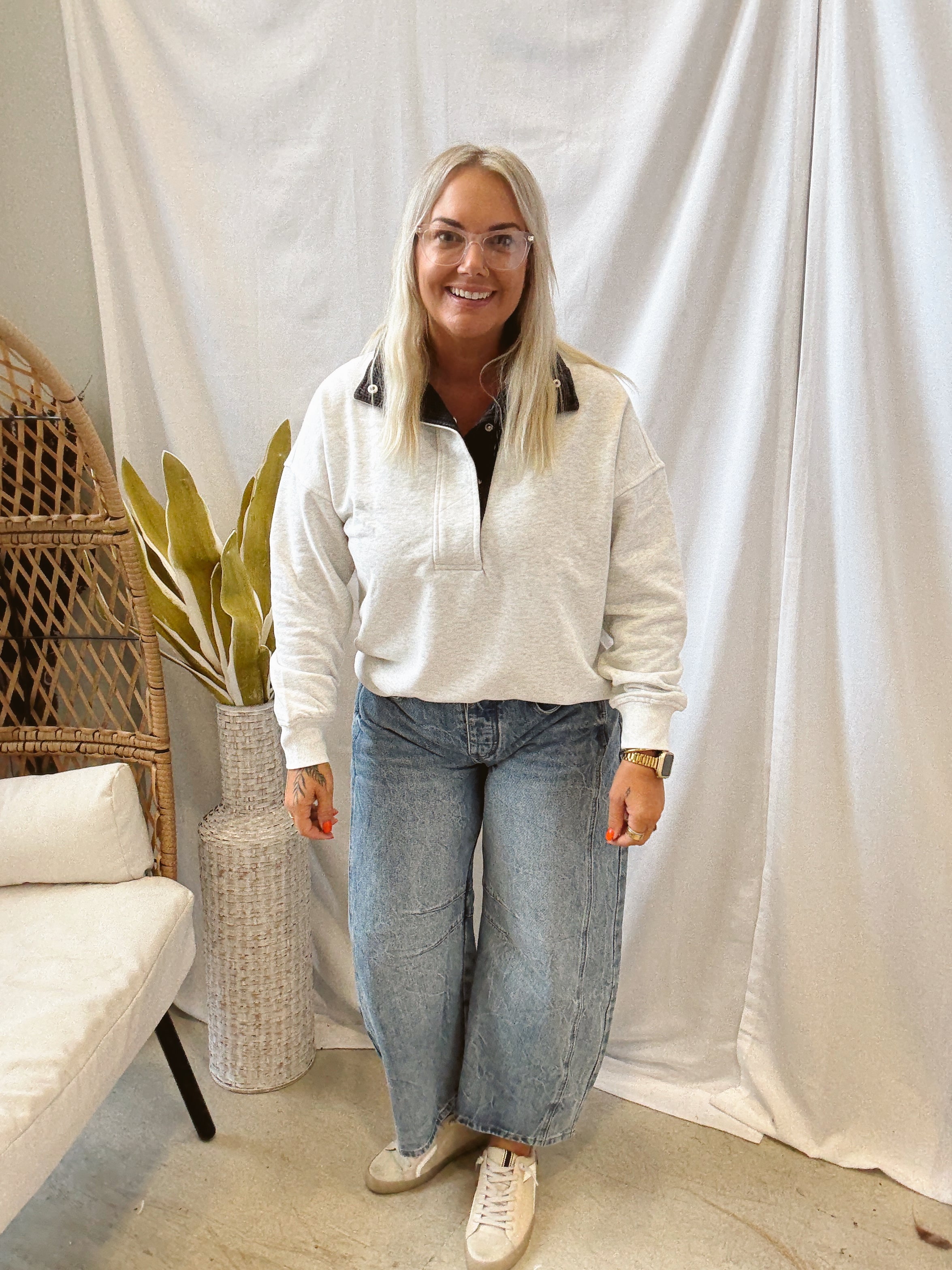 Gray Quarter Pullover Sweatshirt-Sweatshirts-hem and thread-The Silo Boutique, Women's Fashion Boutique Located in Warren and Grand Forks North Dakota