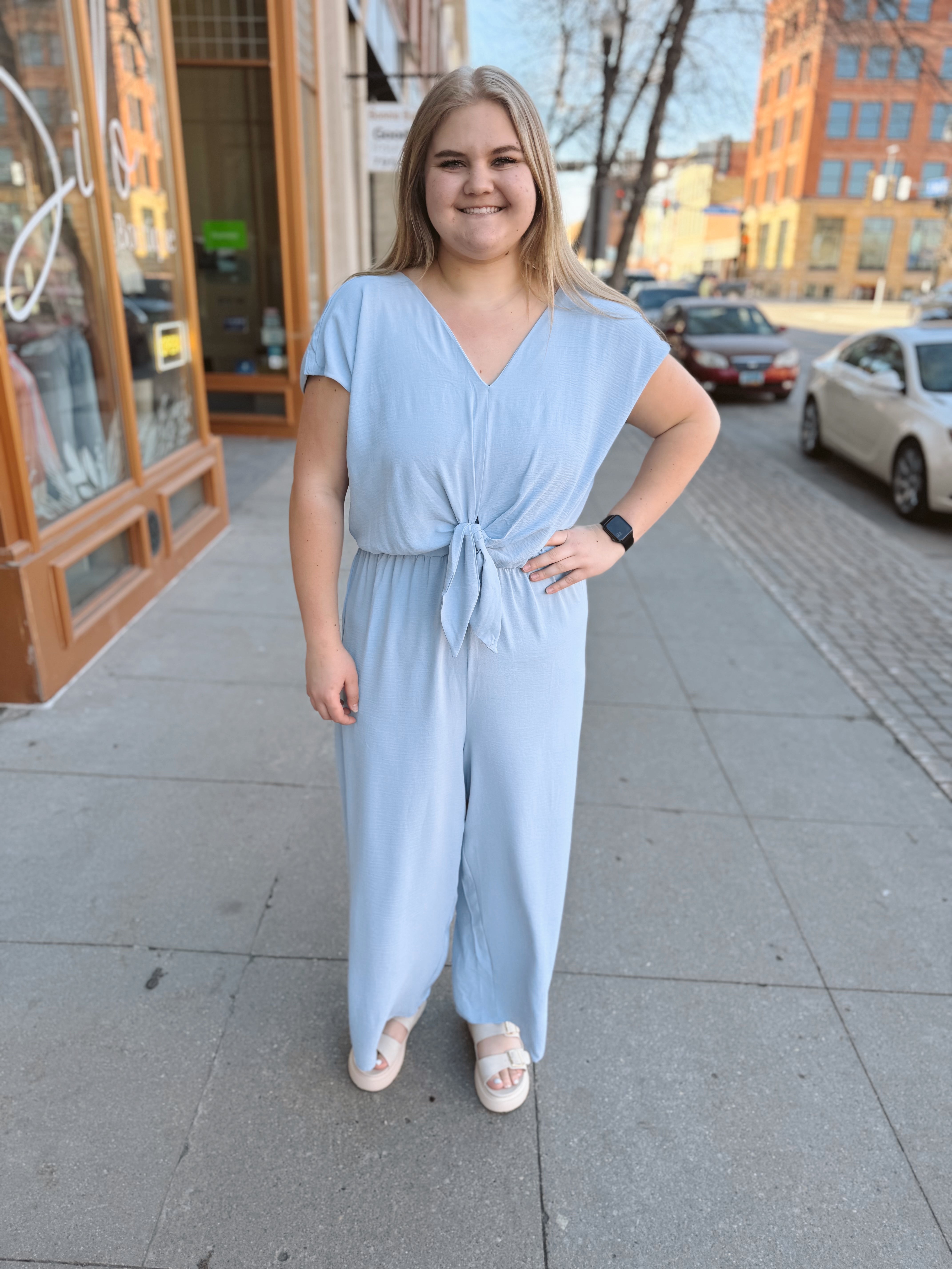 Light Blue Short Sleeve Sky Jumpsuit-Jumpsuits & Rompers-she and sky-The Silo Boutique, Women's Fashion Boutique Located in Warren and Grand Forks North Dakota