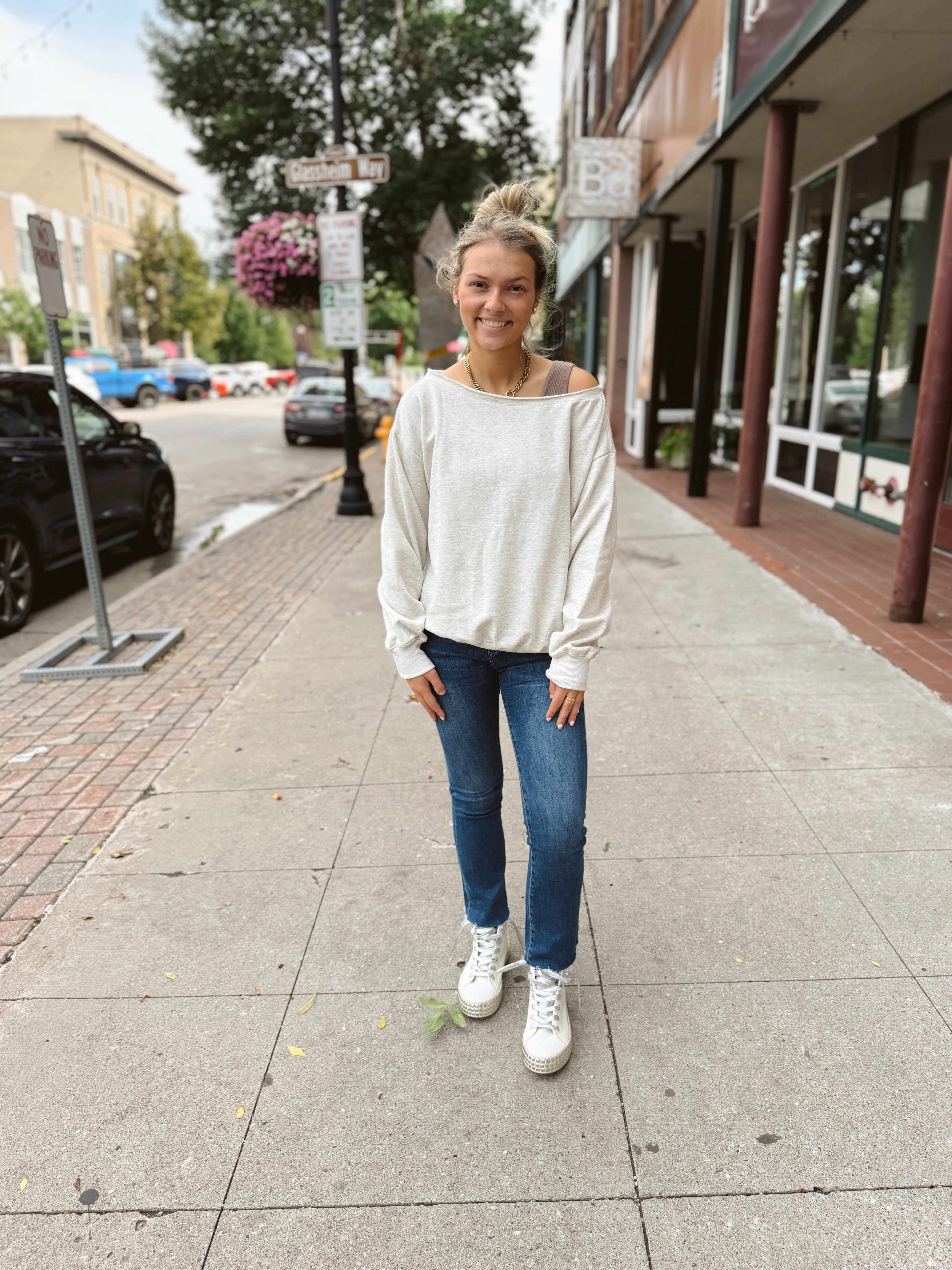 Evelyn Off The Shoulder Sweatshirt-Taupe-Sweatshirts-papermoon-The Silo Boutique, Women's Fashion Boutique Located in Warren and Grand Forks North Dakota