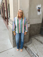 Denim Plum Striped Button Down Top-Long Sleeve Tops-ENTRO-The Silo Boutique, Women's Fashion Boutique Located in Warren and Grand Forks North Dakota