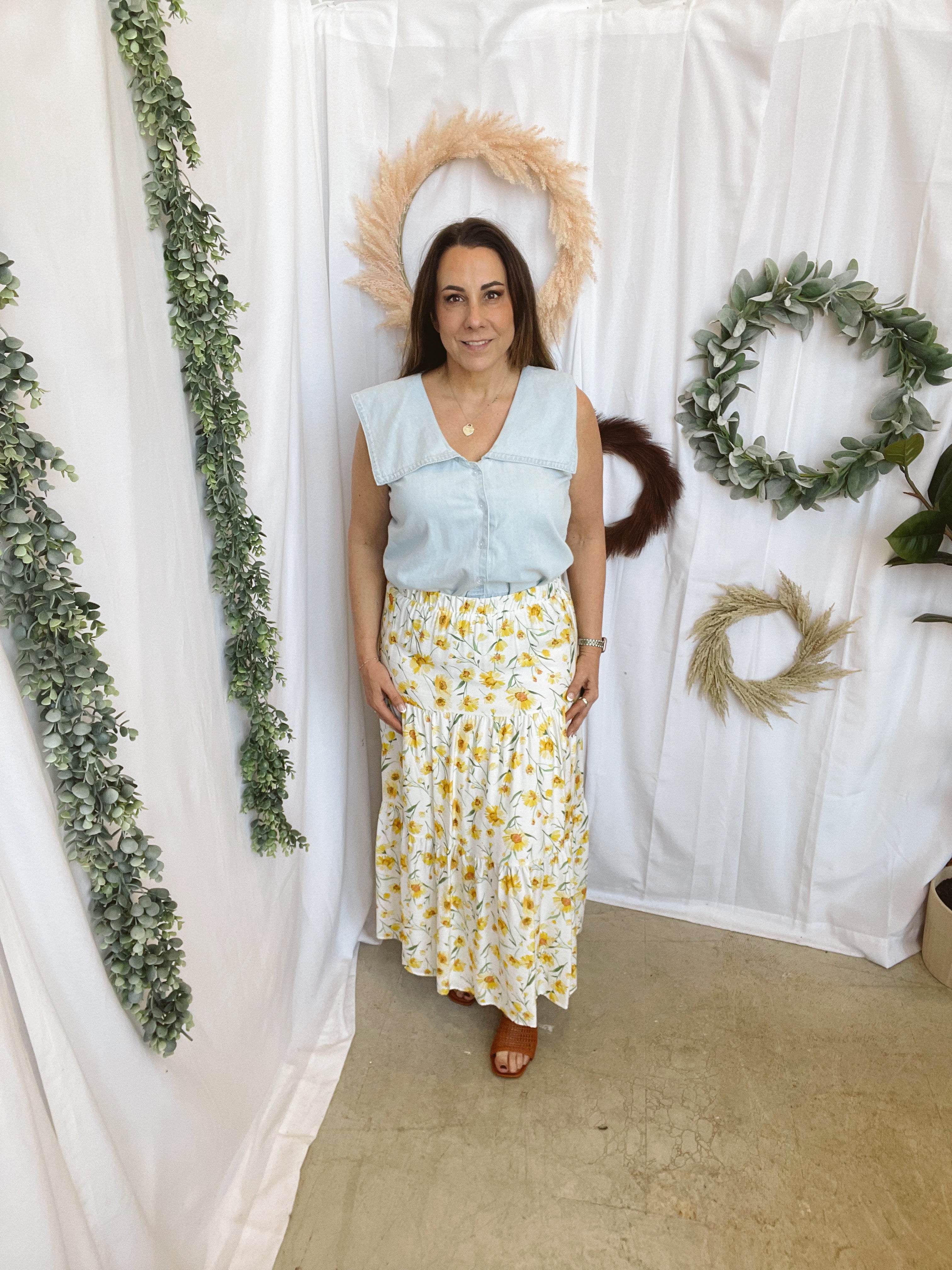 Sunflower Bloom Tiered Skirt-Skirts-les amis-The Silo Boutique, Women's Fashion Boutique Located in Warren and Grand Forks North Dakota