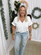 Viv V Neck Top-White-Short Sleeve Tops-staccato-The Silo Boutique, Women's Fashion Boutique Located in Warren and Grand Forks North Dakota