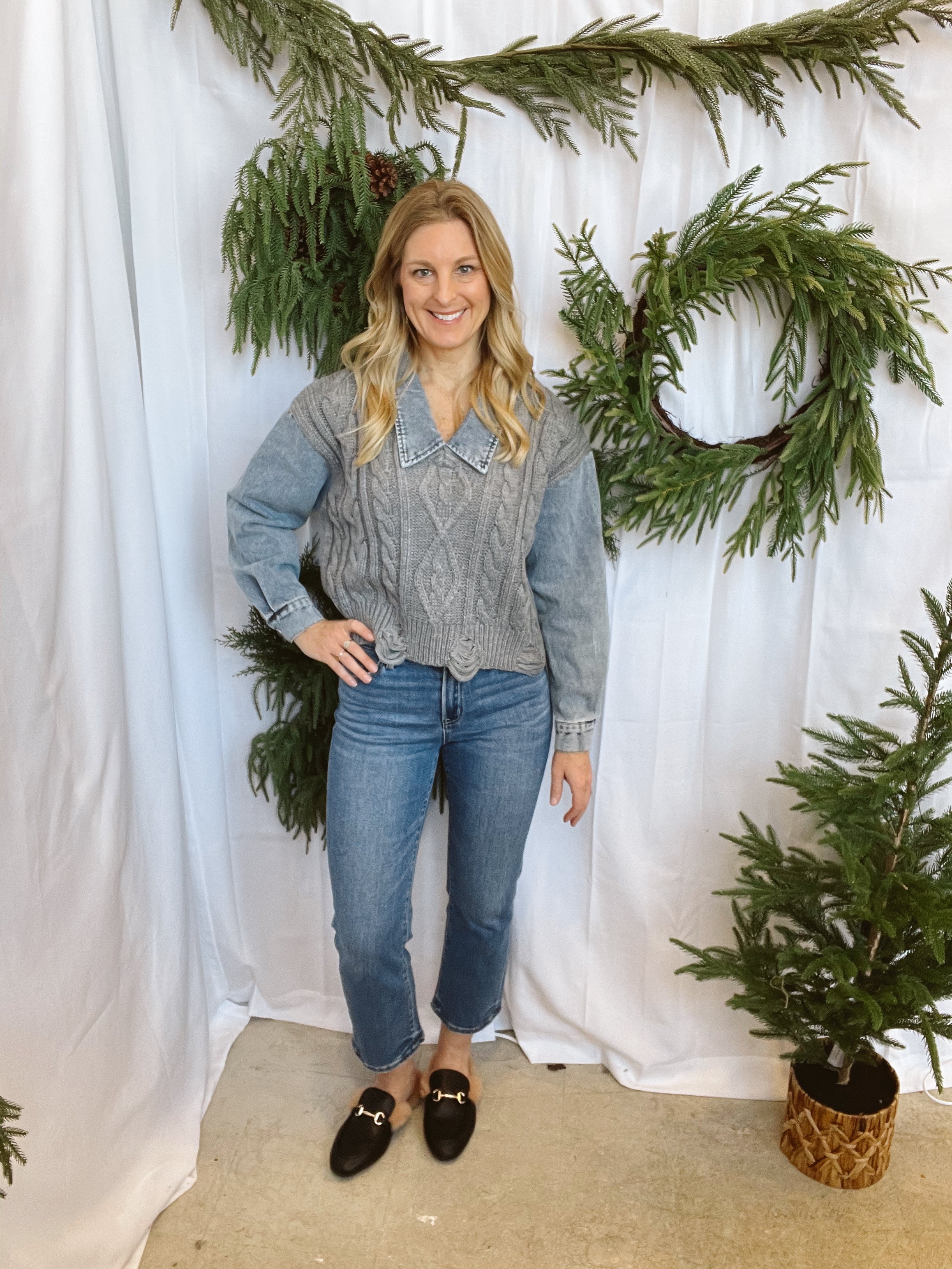 Fate Denim Mix Grey Sweater-Sweaters-fate-The Silo Boutique, Women's Fashion Boutique Located in Warren and Grand Forks North Dakota