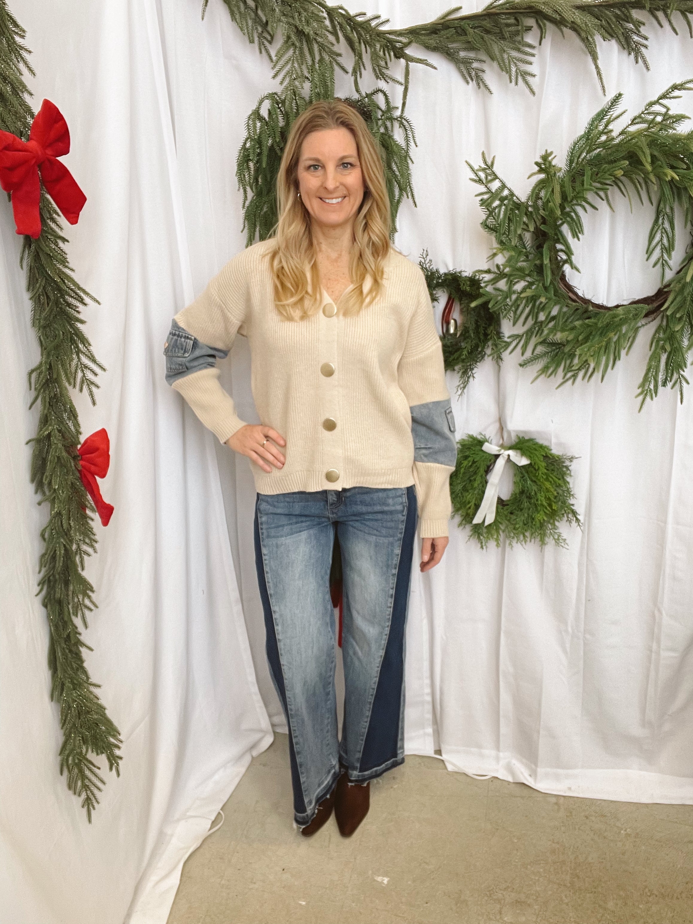Denim and Knit Mix Cardigan-Cardigans-adora-The Silo Boutique, Women's Fashion Boutique Located in Warren and Grand Forks North Dakota