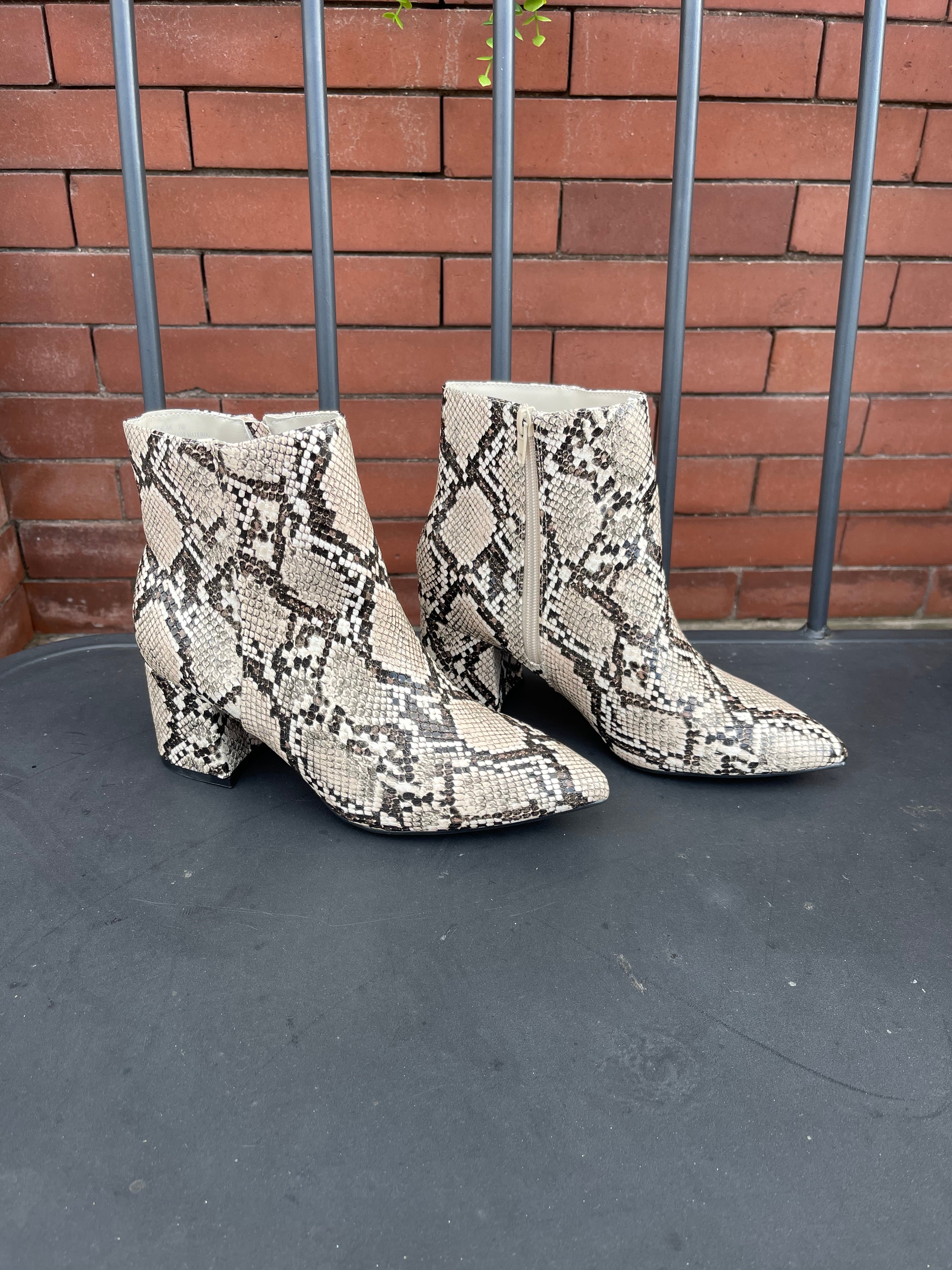 Bamboo Mode Beige Snake Bootie-Boots-bamboo-The Silo Boutique, Women's Fashion Boutique Located in Warren and Grand Forks North Dakota