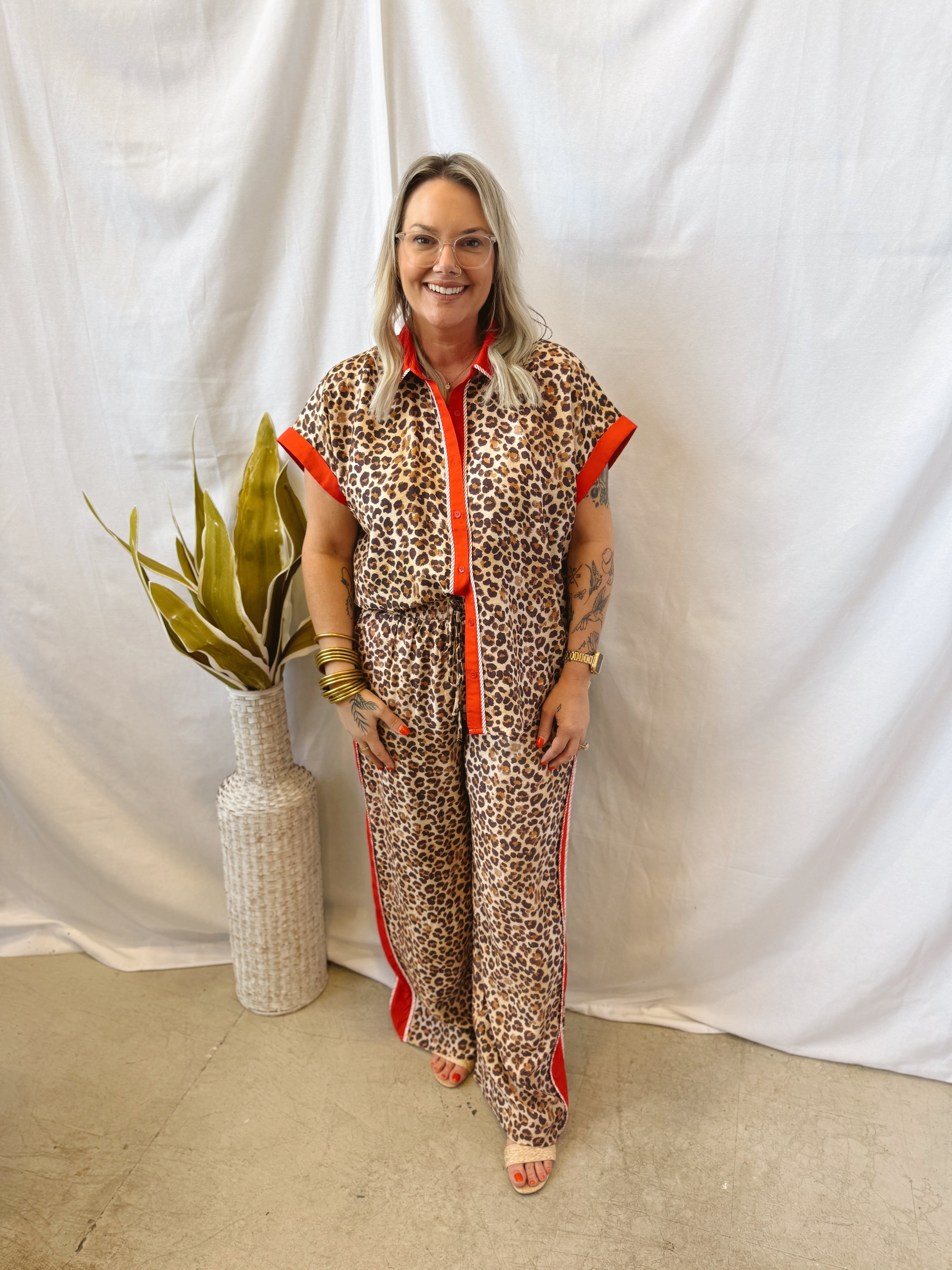 Elle Leopard Pants with Red Stripe-Pants-entro-The Silo Boutique, Women's Fashion Boutique Located in Warren and Grand Forks North Dakota