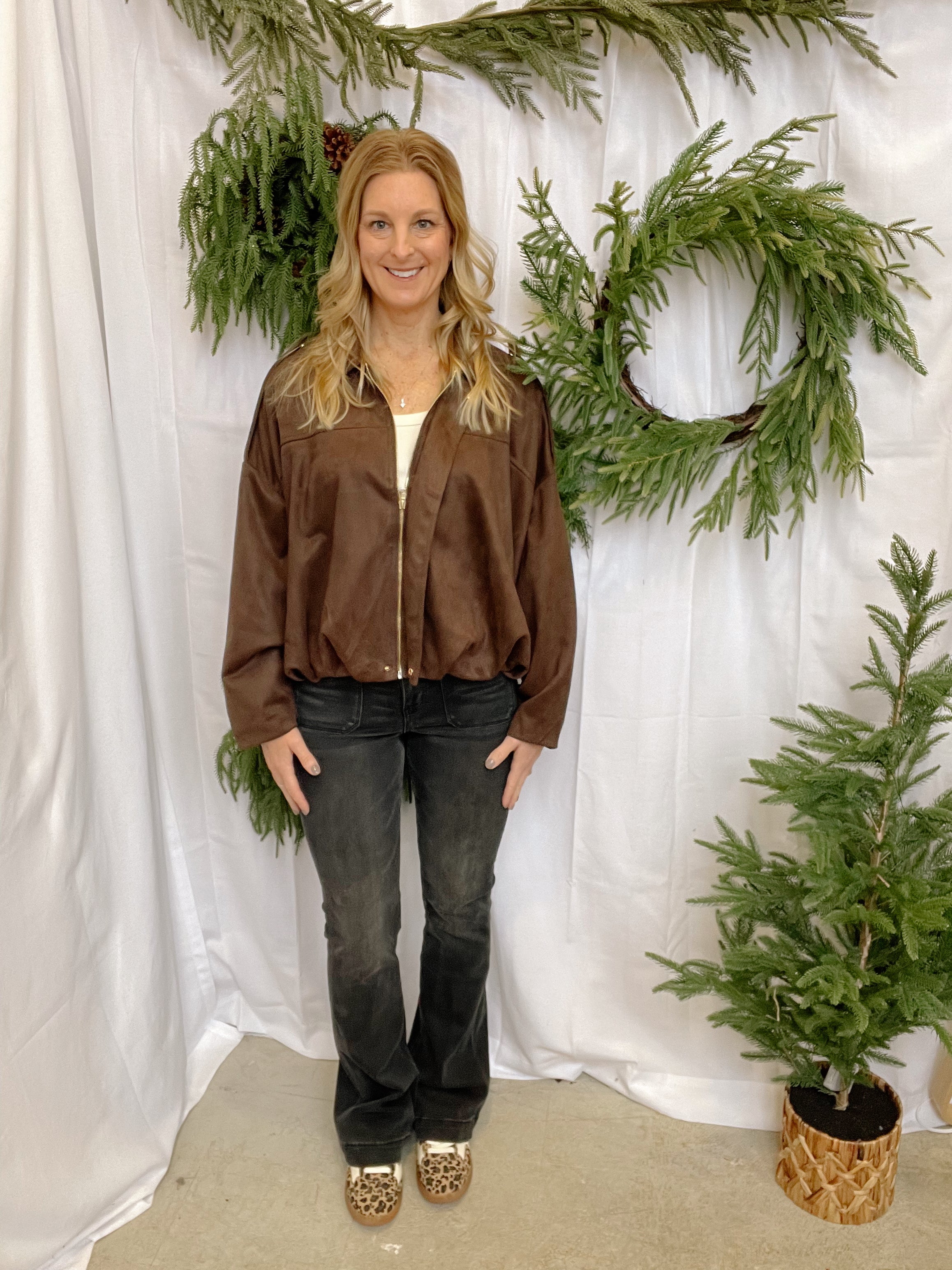Brown Suede Bomber Jacket-Coats & Jackets-faire-The Silo Boutique, Women's Fashion Boutique Located in Warren and Grand Forks North Dakota