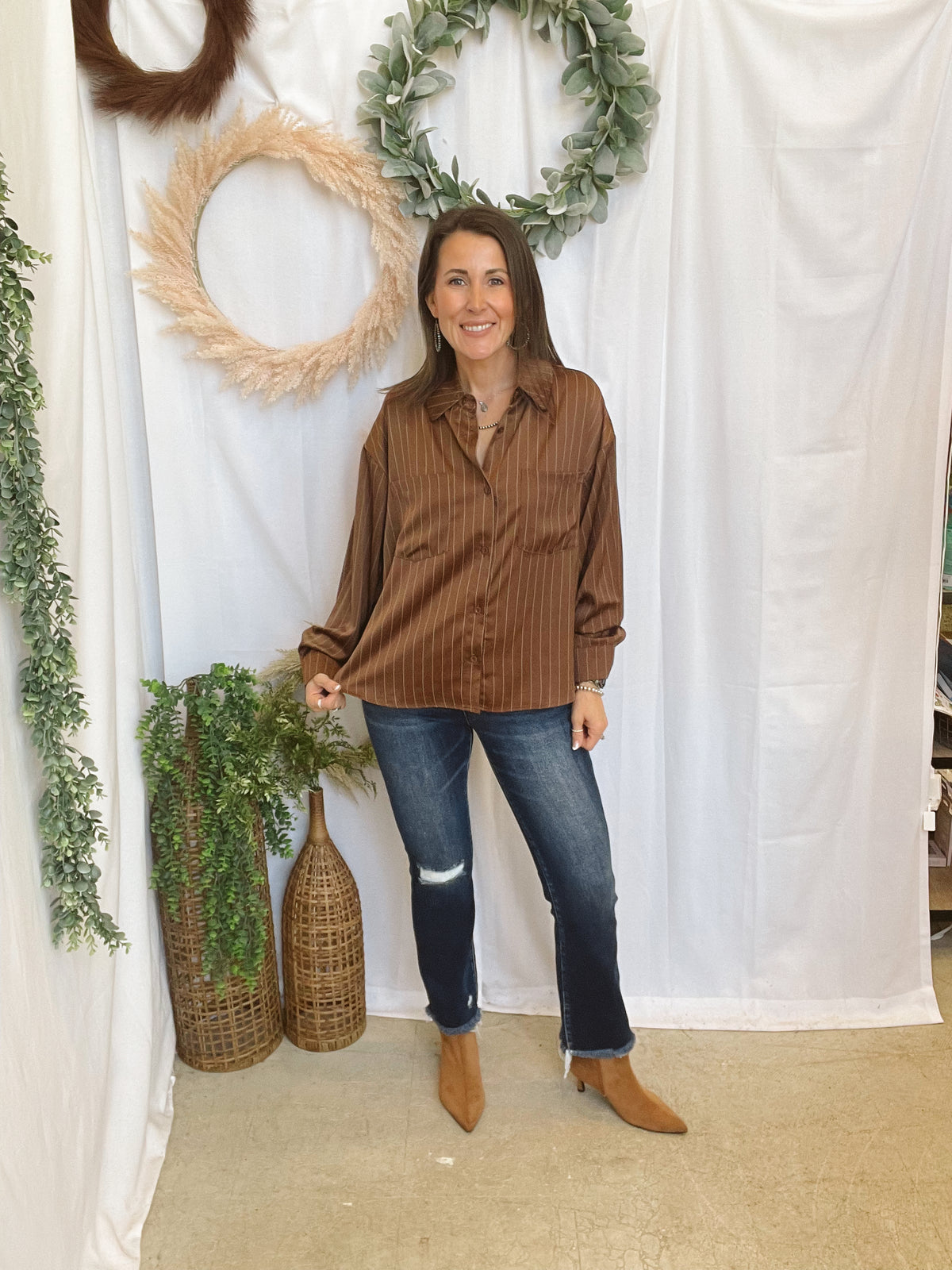 Nicole Button Down Top-Brown-Long Sleeve Tops-hyfve-The Silo Boutique, Women's Fashion Boutique Located in Warren and Grand Forks North Dakota