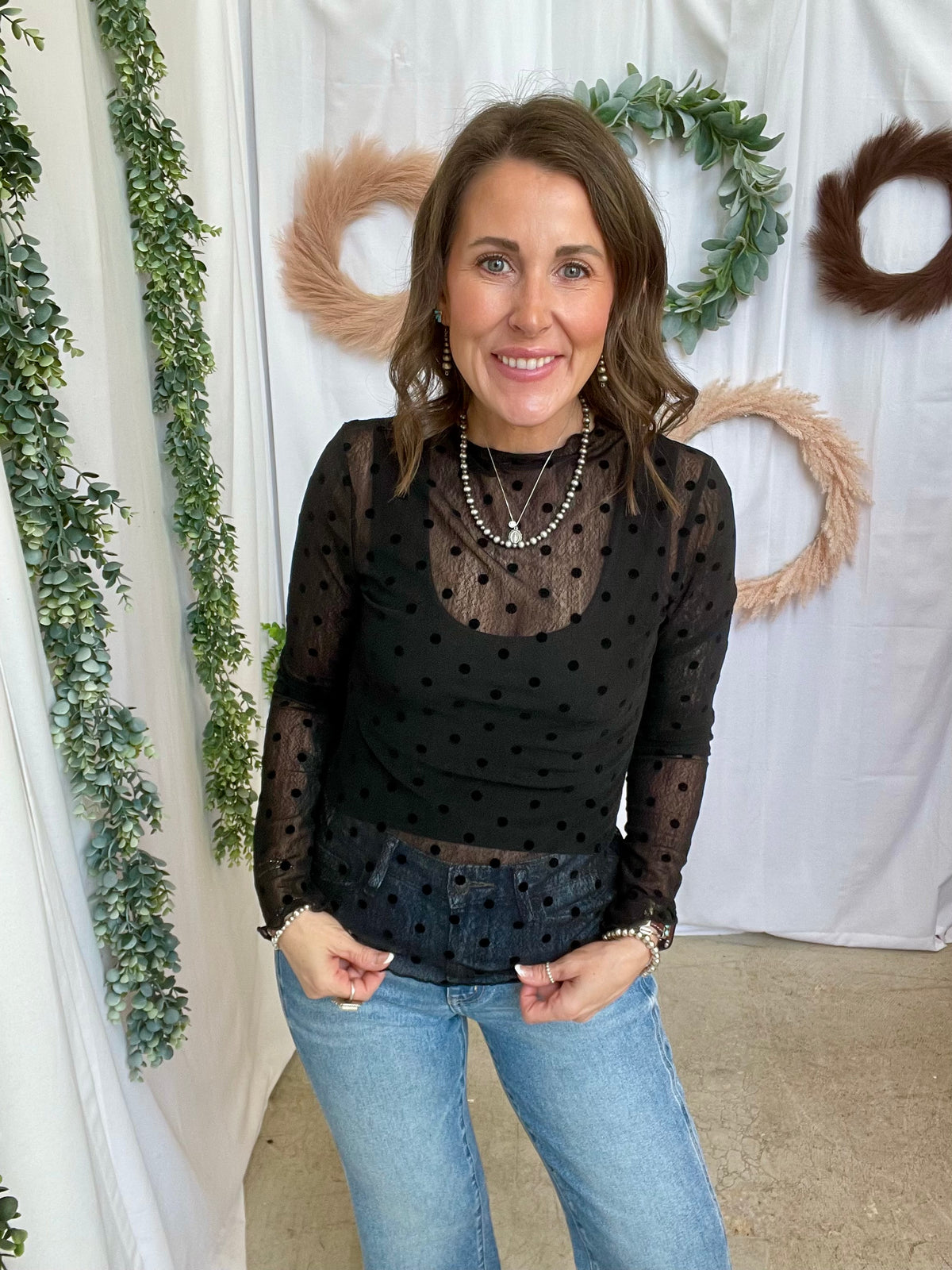 Dani Black Dot Mesh Top-Long Sleeve Tops-davi-The Silo Boutique, Women's Fashion Boutique Located in Warren and Grand Forks North Dakota