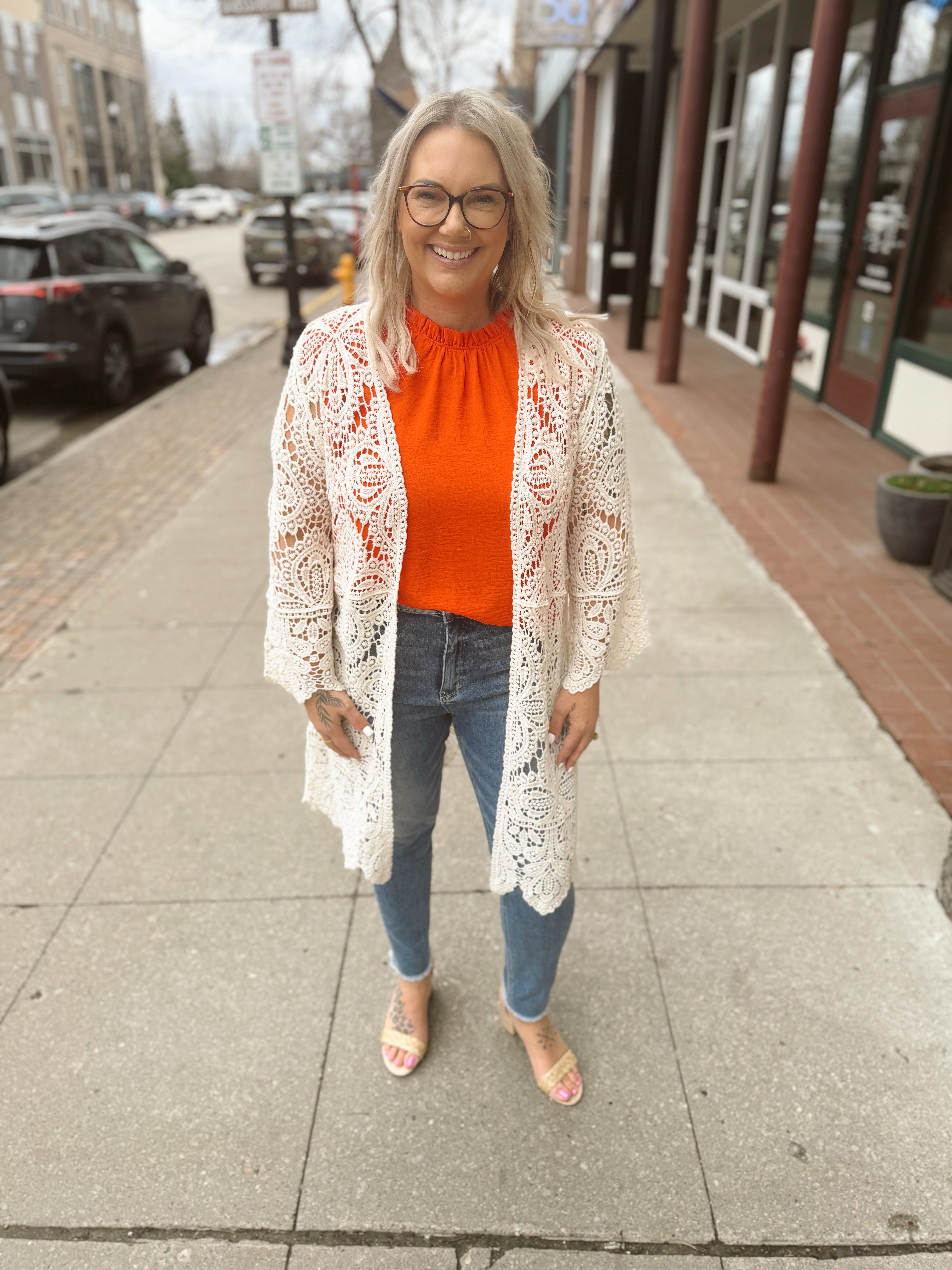 Crochet Open Bell Sleeve Cardigan-Kimonos-bluivy-The Silo Boutique, Women's Fashion Boutique Located in Warren and Grand Forks North Dakota