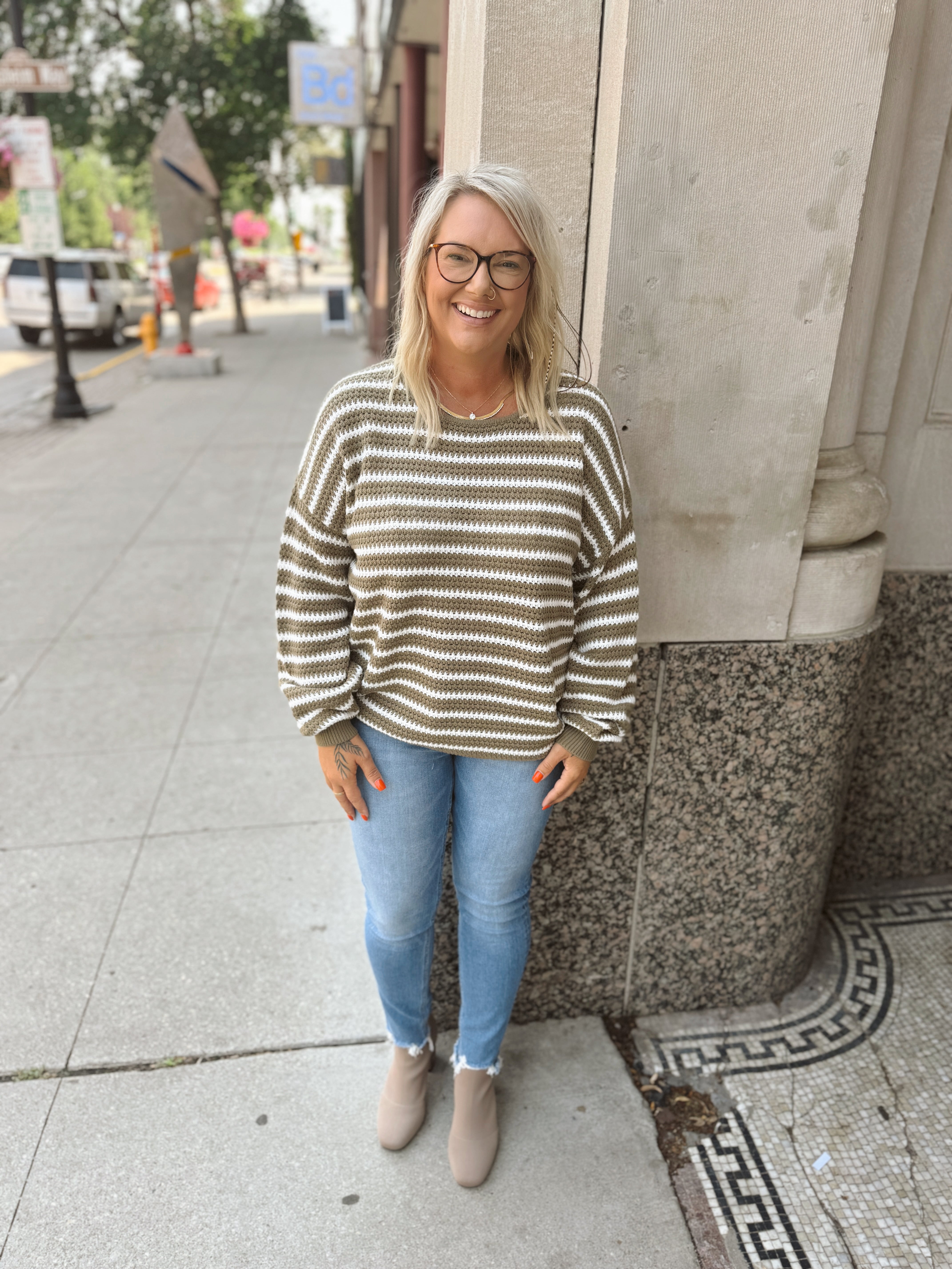 Olive Striped Relaxed Fit Sweater-Sweaters-blu pepper-The Silo Boutique, Women's Fashion Boutique Located in Warren and Grand Forks North Dakota