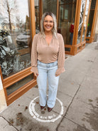 Tan V Neck Ruffle Long Sleeve Top-Long Sleeve Tops-gilli-The Silo Boutique, Women's Fashion Boutique Located in Warren and Grand Forks North Dakota