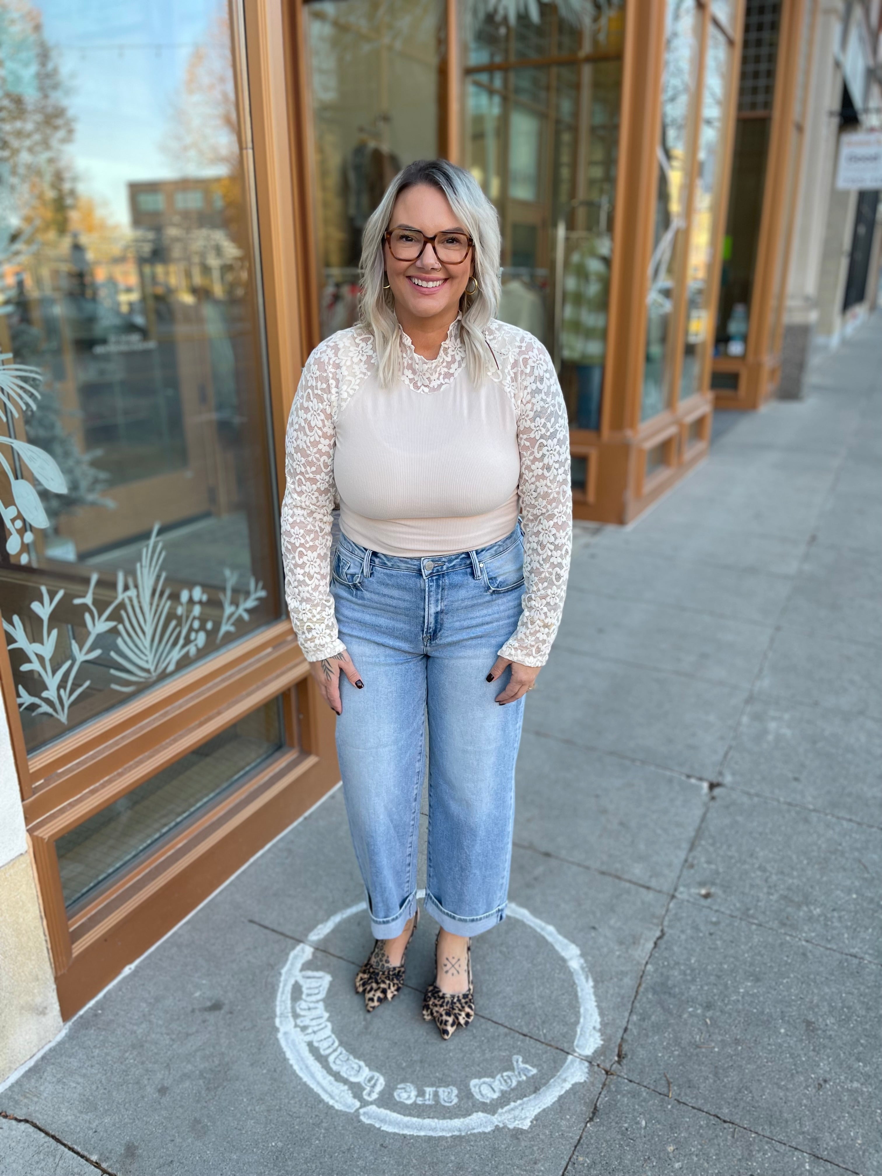 Off White Mockneck Lace Detail Long Sleeve Top-Long Sleeve Tops-hem and thread-The Silo Boutique, Women's Fashion Boutique Located in Warren and Grand Forks North Dakota