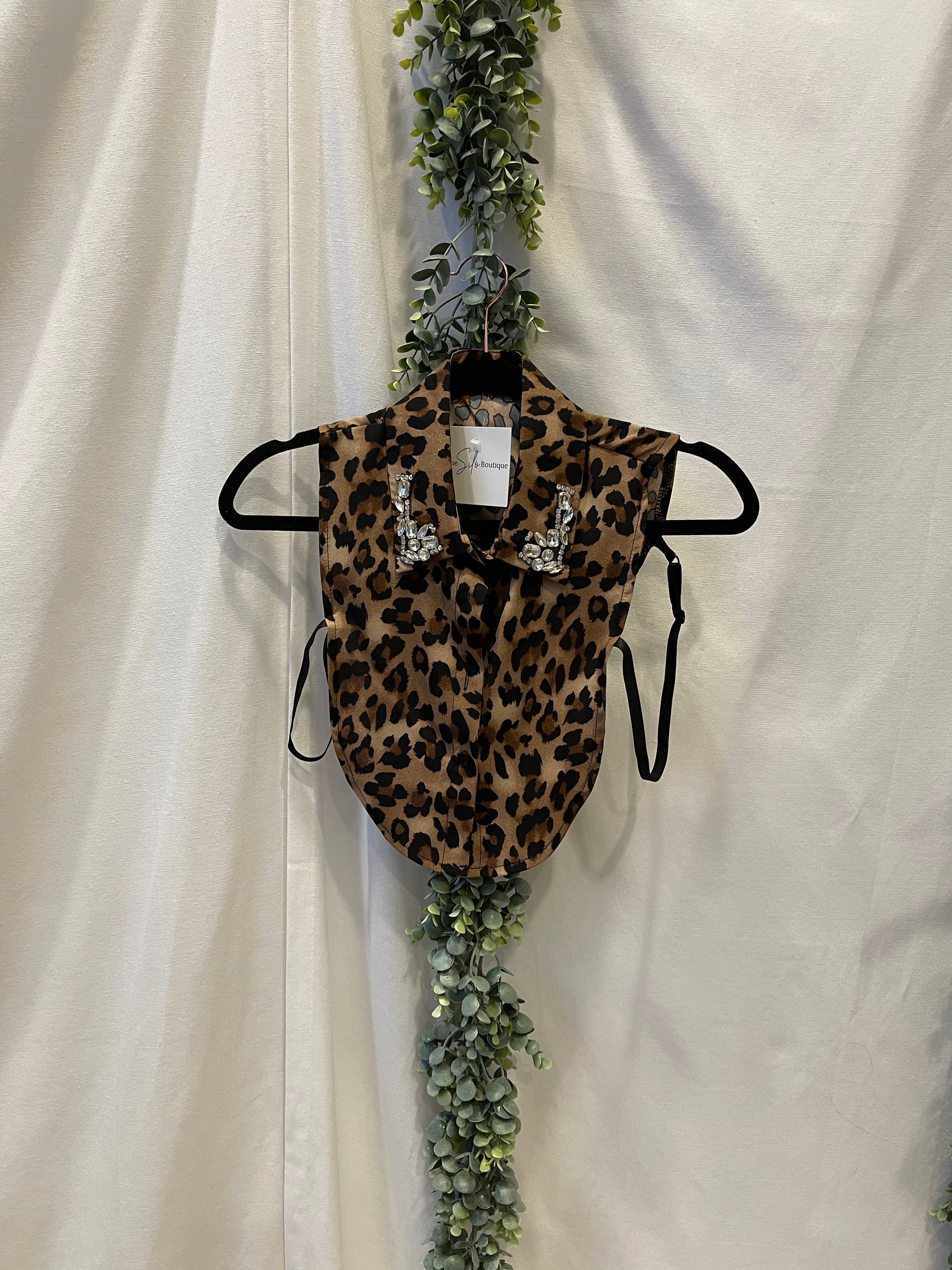Corporate Collar-Leopard with Gems-Short Sleeve Tops-Summer Tees-The Silo Boutique, Women's Fashion Boutique Located in Warren and Grand Forks North Dakota