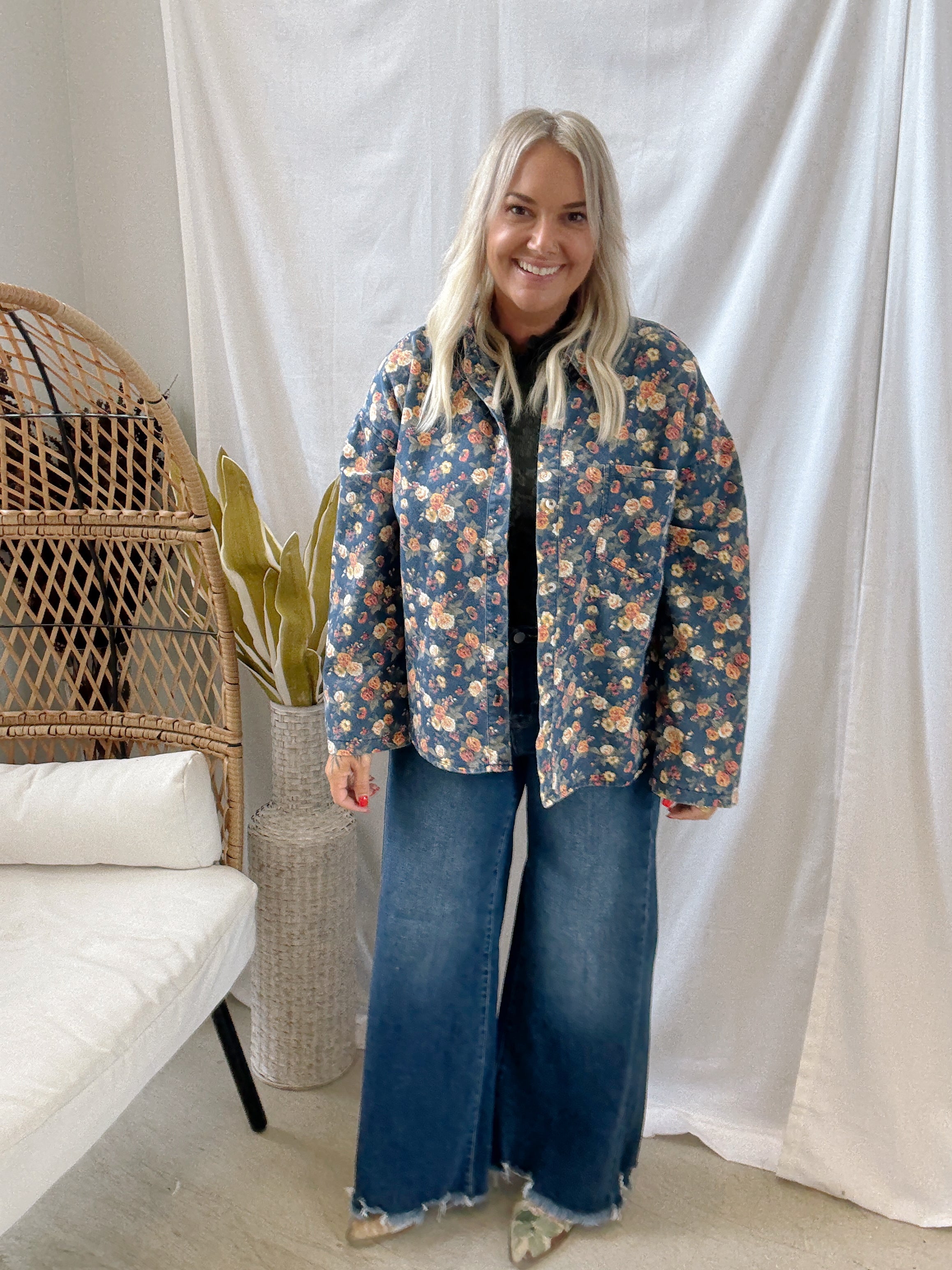 Washed Floral Print Jacket-Coats & Jackets-bibi-The Silo Boutique, Women's Fashion Boutique Located in Warren and Grand Forks North Dakota