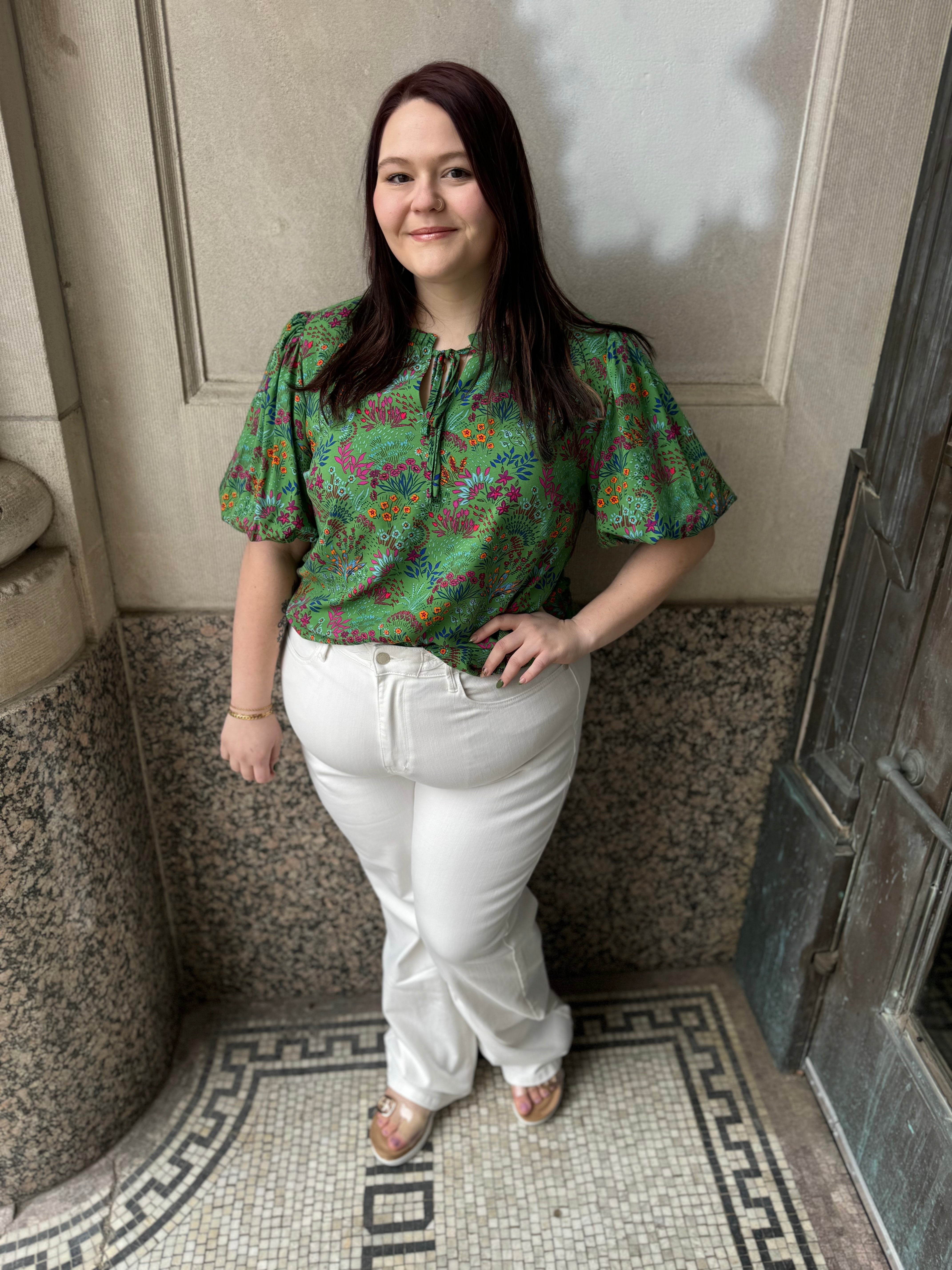 Floral Bluebay Puff Sleeve Blouse Curve-Short Sleeve Tops-sugarlips-The Silo Boutique, Women's Fashion Boutique Located in Warren and Grand Forks North Dakota