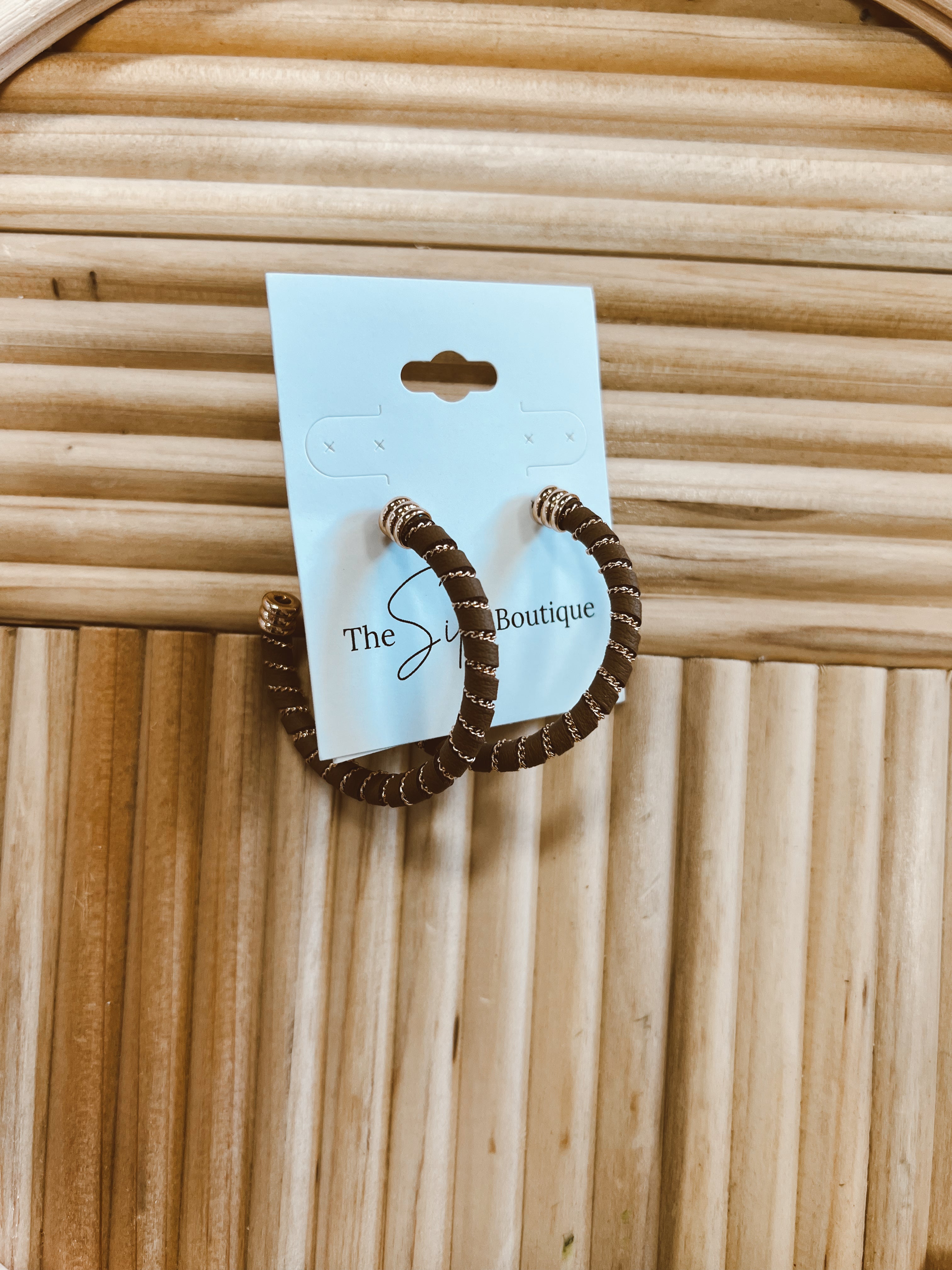 Mocha Leather Chain Hoop Earrings-earrings-Fame-The Silo Boutique, Women's Fashion Boutique Located in Warren and Grand Forks North Dakota