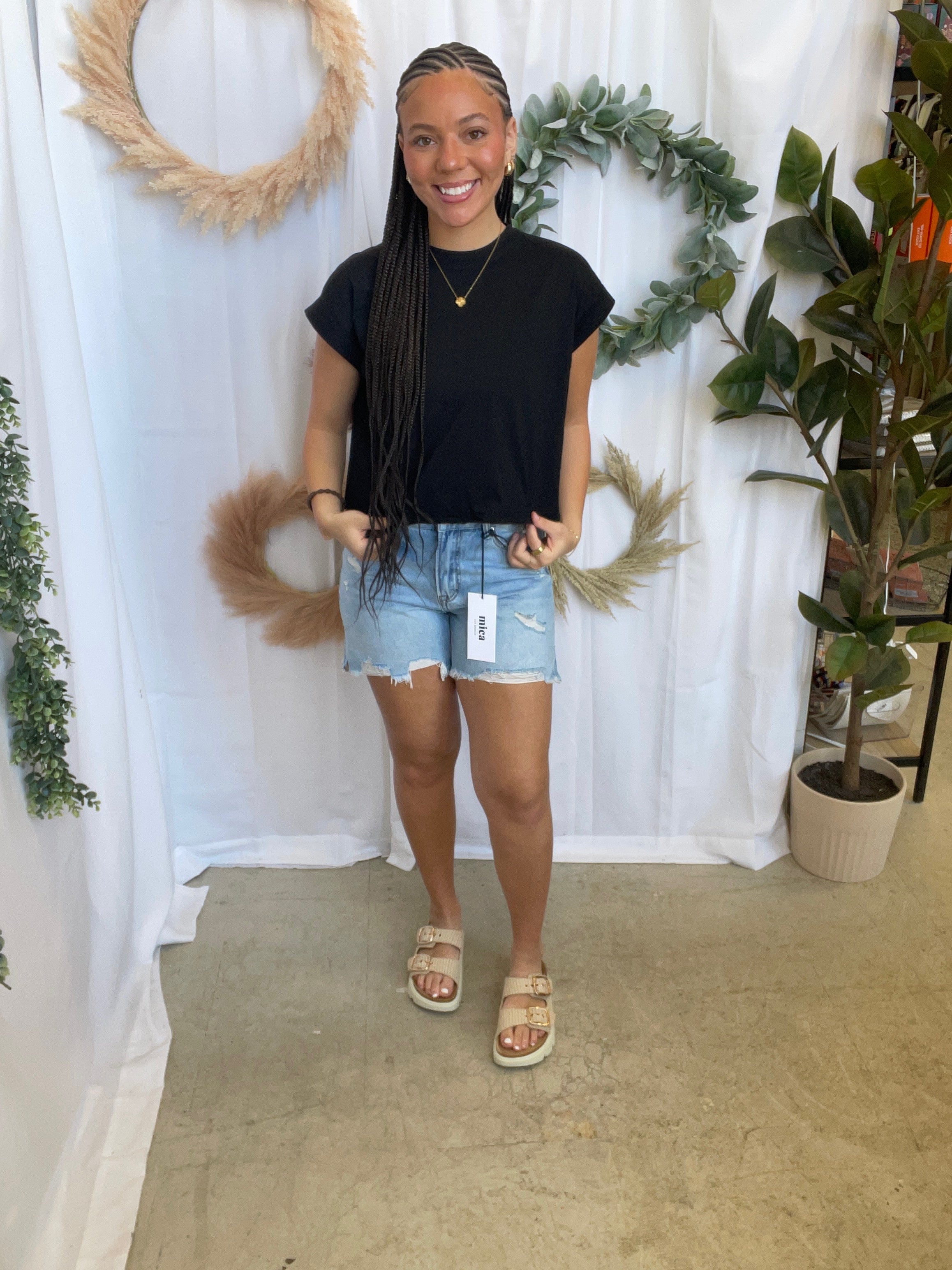 Miou Muse Cuffed Sleeve Top-Black-Short Sleeve Tops-miou muse-The Silo Boutique, Women's Fashion Boutique Located in Warren and Grand Forks North Dakota