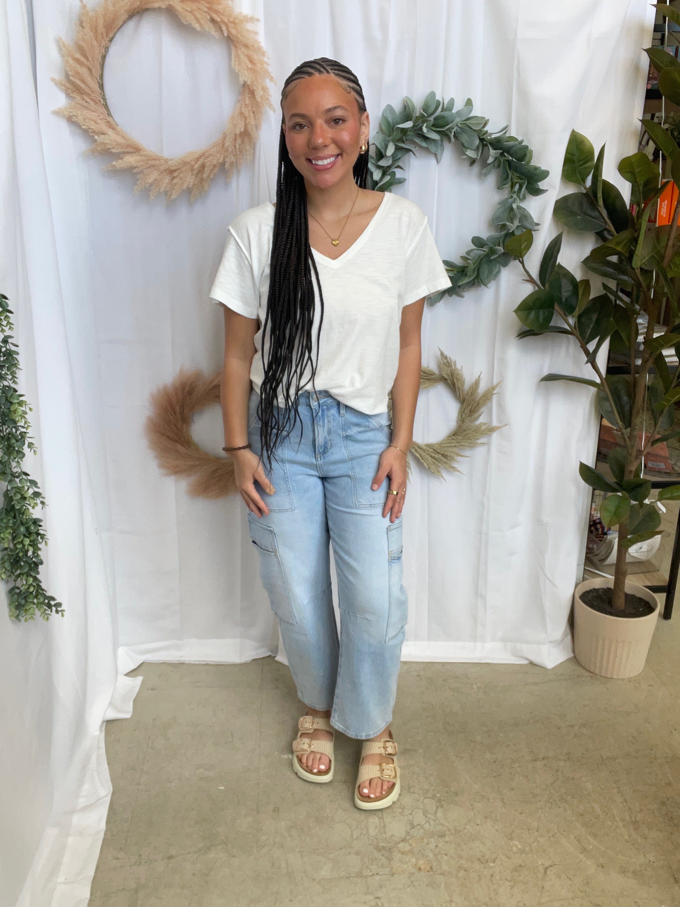 Pebble Forever V Neck Side Slit Tee-White-Short Sleeve Tops-pebble-The Silo Boutique, Women's Fashion Boutique Located in Warren and Grand Forks North Dakota