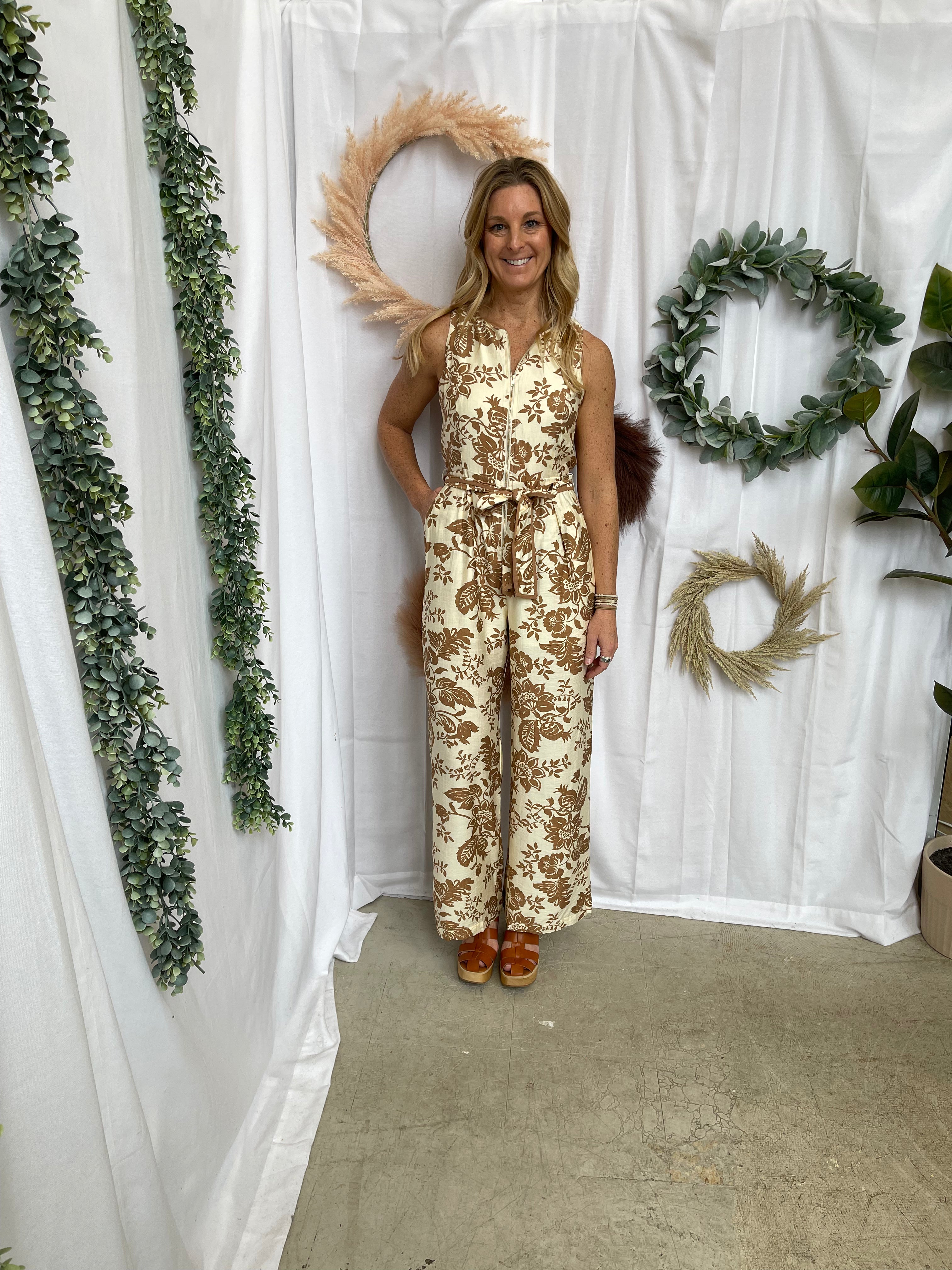 Rae Floral Print Jumpsuit-Taupe-Jumpsuits & Rompers-Doe and Rae-The Silo Boutique, Women's Fashion Boutique Located in Warren and Grand Forks North Dakota