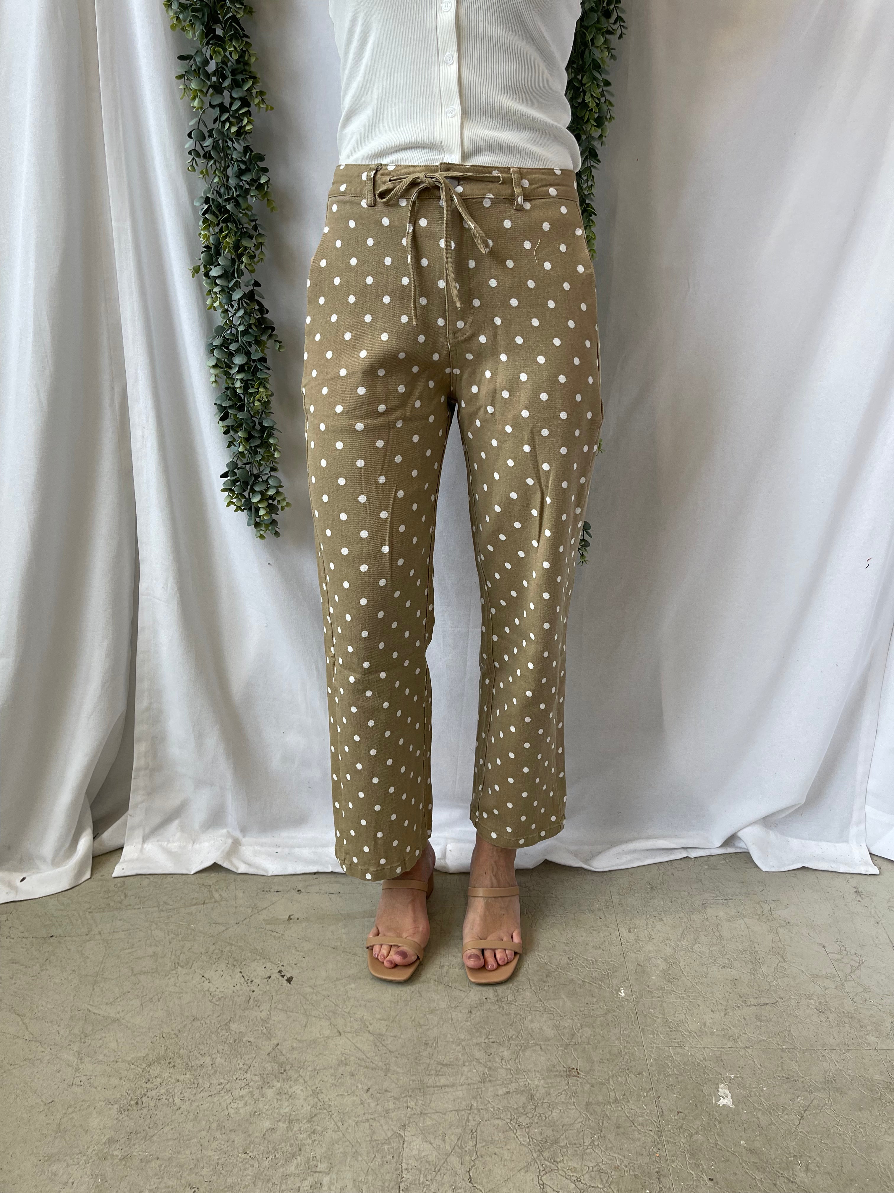 Layla Polka Dot Pants-Taupe-Pants-lovlov-The Silo Boutique, Women's Fashion Boutique Located in Warren and Grand Forks North Dakota