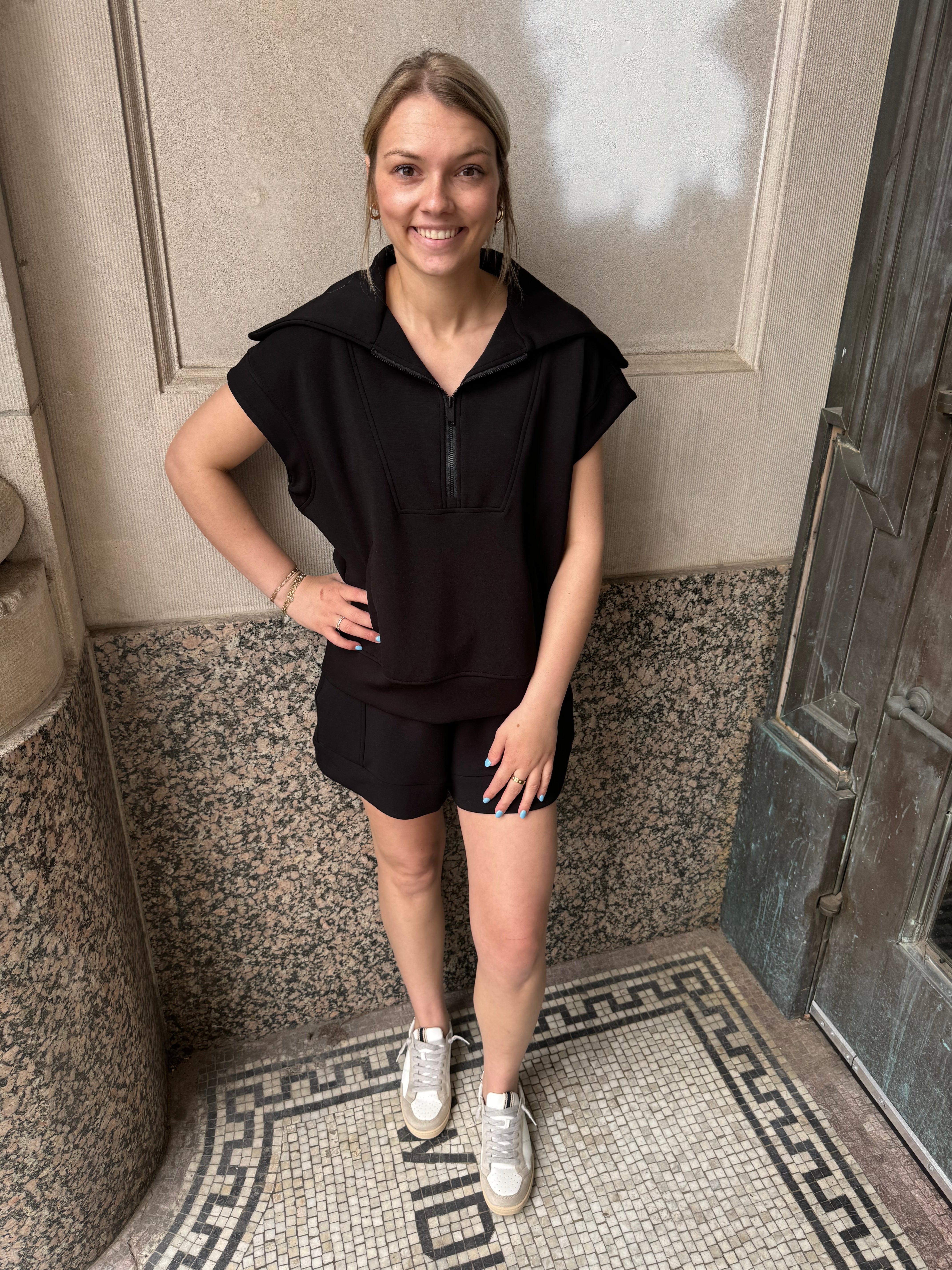 Scuba Black Sleeveless Quarter Zip Top-Tank Tops-rae mode-The Silo Boutique, Women's Fashion Boutique Located in Warren and Grand Forks North Dakota