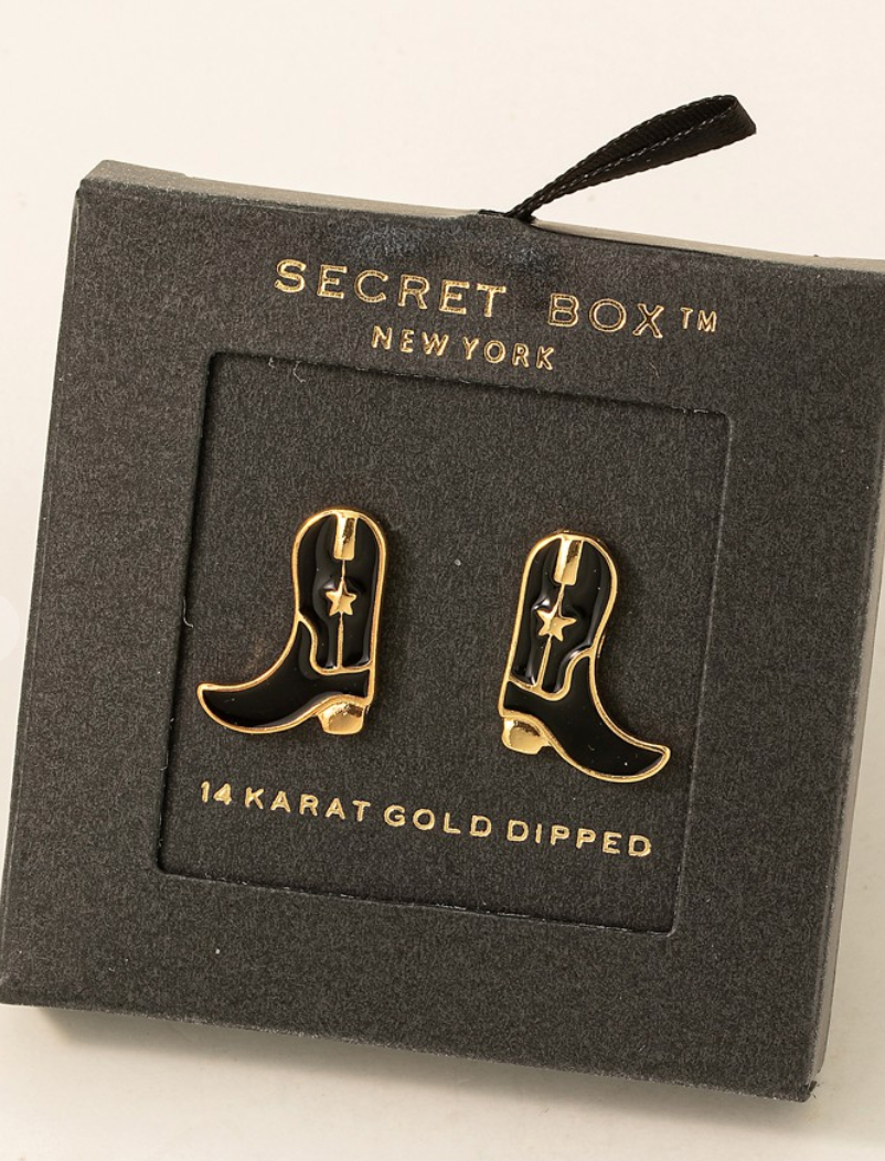 Secret Box Black Cowboy Boot Earrings-earrings-Fame-The Silo Boutique, Women's Fashion Boutique Located in Warren and Grand Forks North Dakota